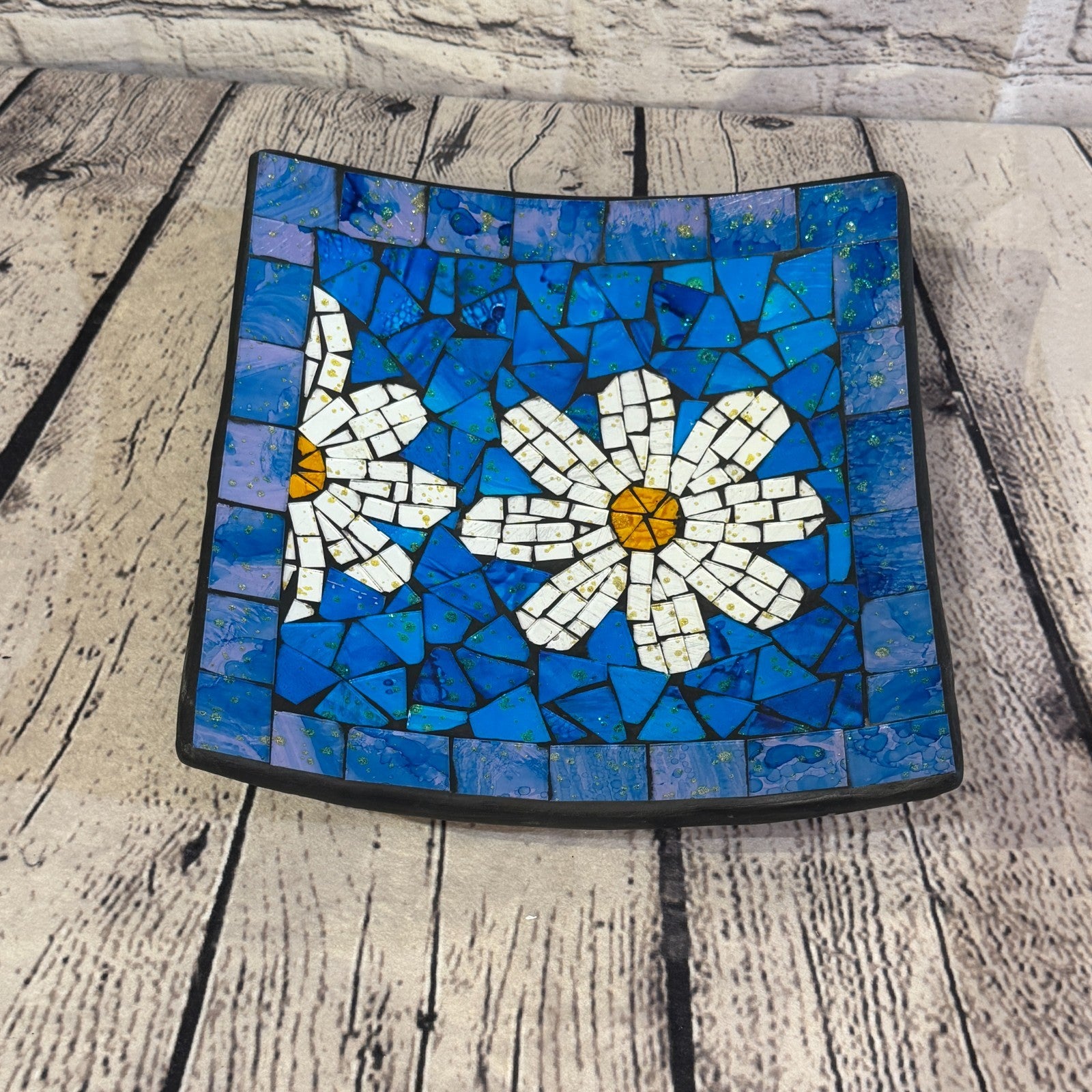 25cm Blue Daisy Flower Square Mosaic Handmade Ceramic Glass Tile Bowl Fruit0