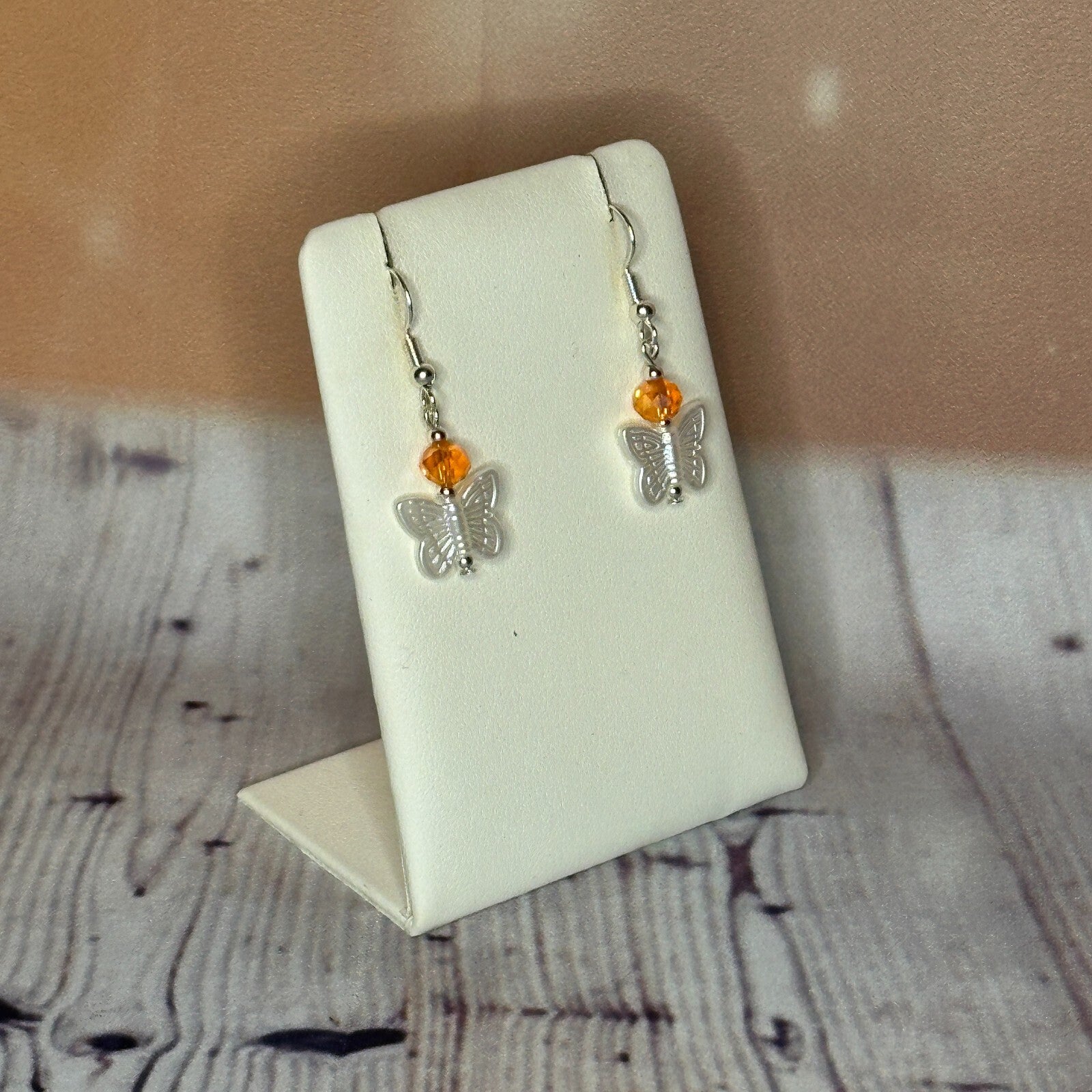 Orange Crystal And White Butterfly Dangle Drop Earrings Handmade UK Jewellery2