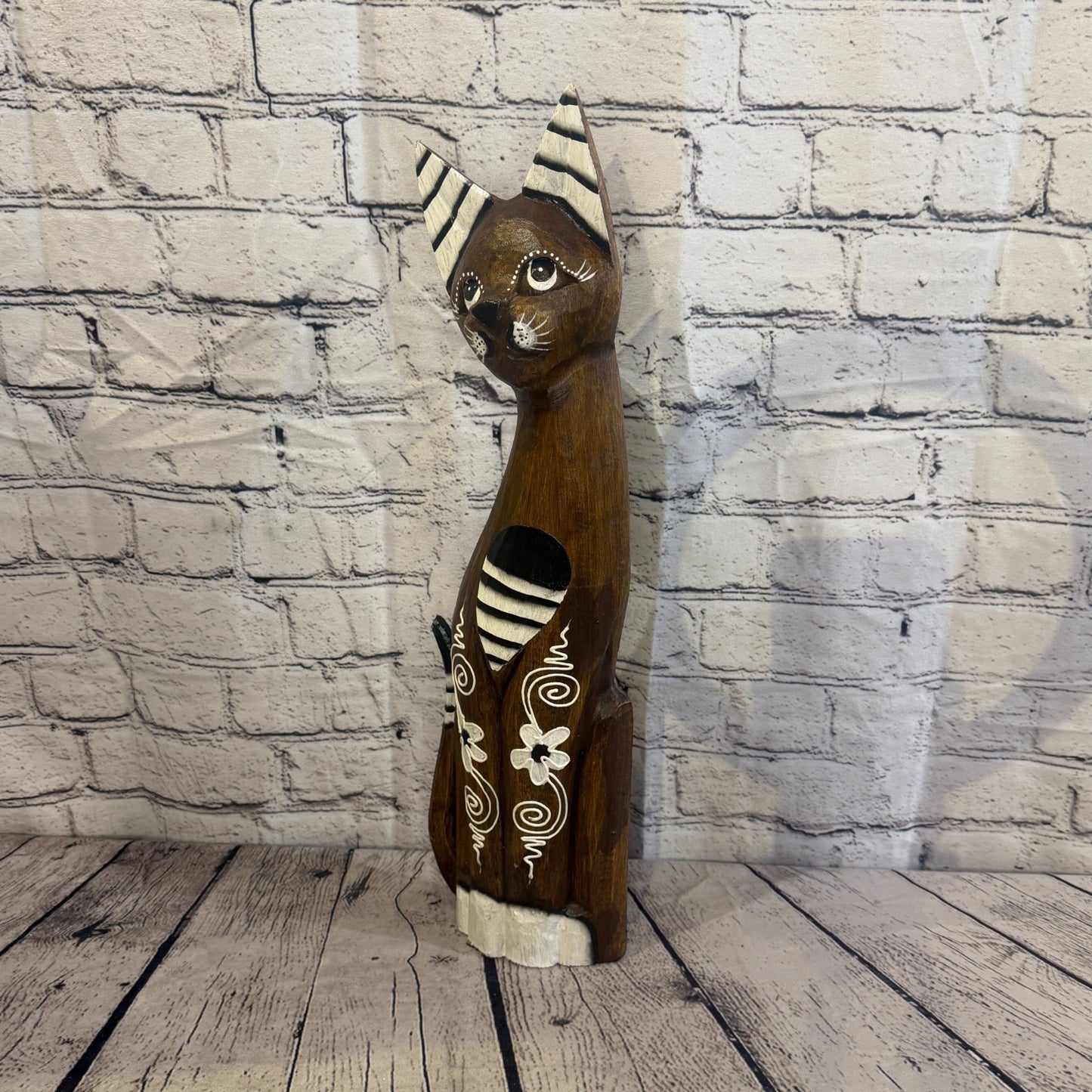 60cm Brown Flower Wooden Shabby Cat Statue Ornament Fair Trade Handcarved1