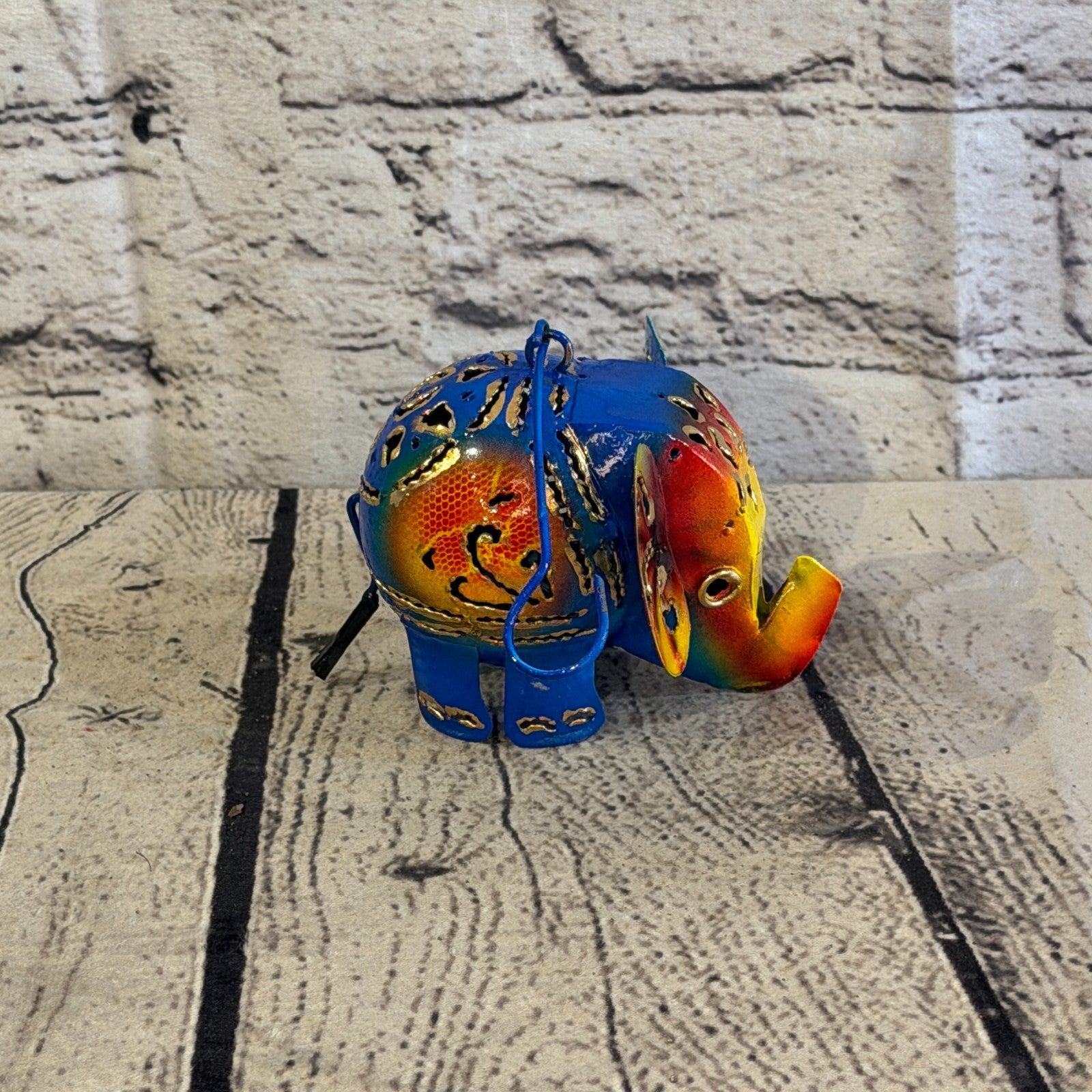 8cm x 10cm Elephant Candle Holder Hanging Blue Metal Tin Ornament Statue3