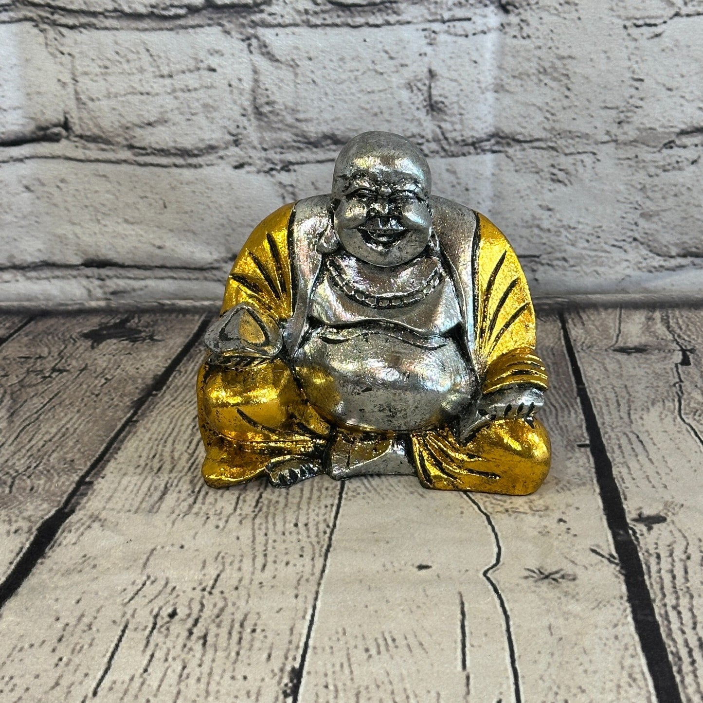 Silver And Gold 12cm x 12cm Large Chinese Buddha Sitting On Lotus Statue Resin0