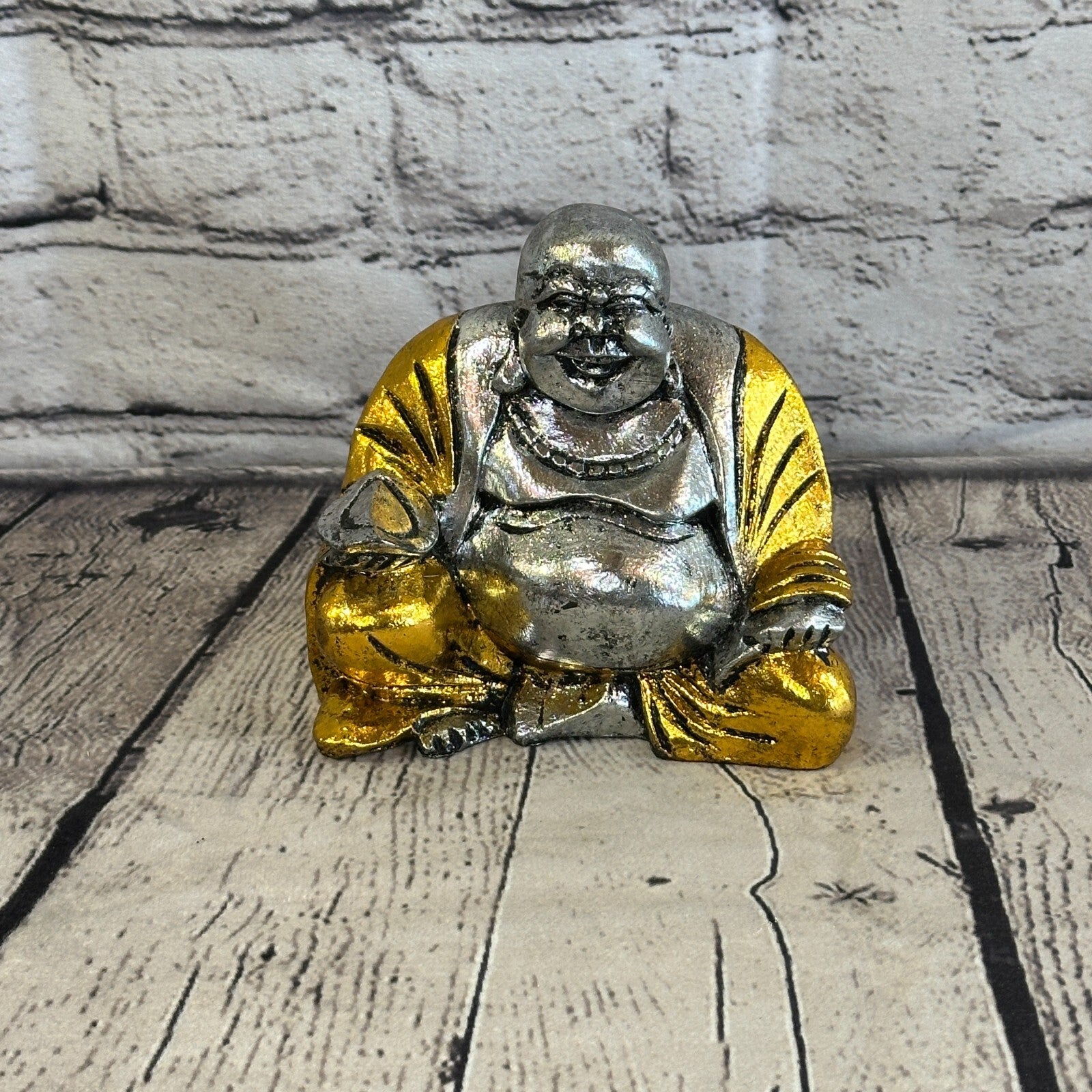 Silver And Gold 12cm x 12cm Large Chinese Buddha Sitting On Lotus Statue Resin0