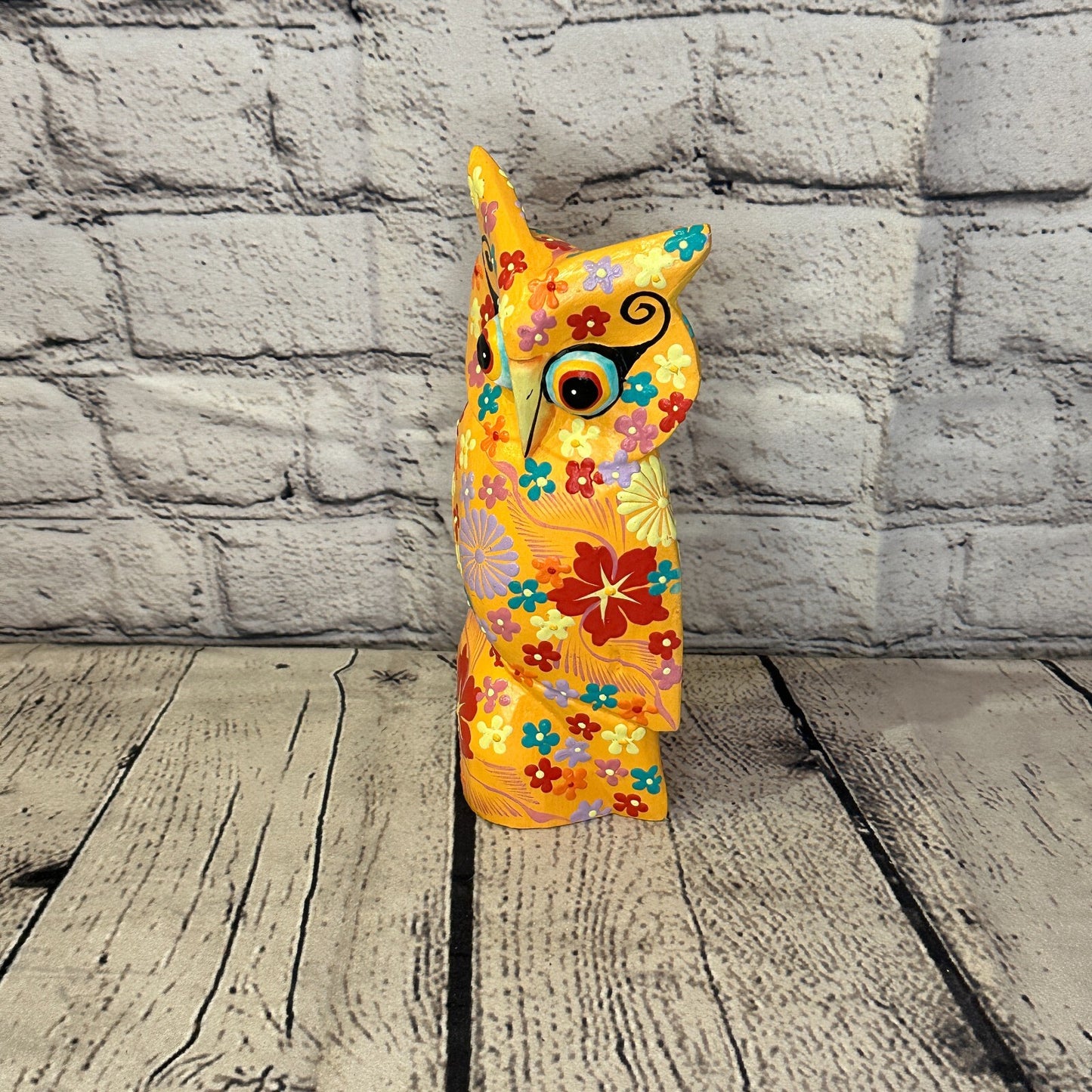 Orange Large Wooden Owl With Flower Pattern 20cm x 8cm Handmade and Fairtrade1