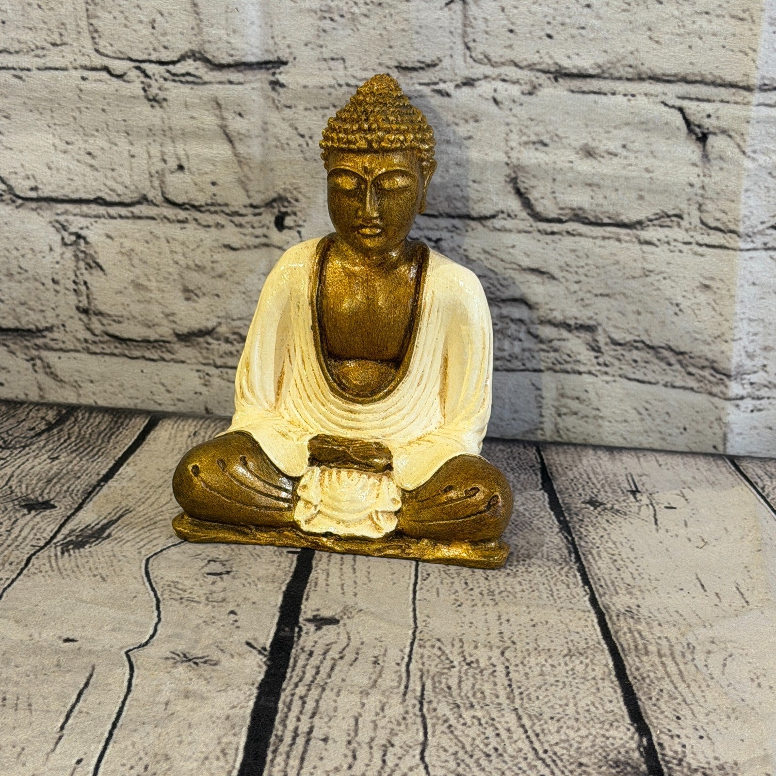 Cream & Bronze 15cm x 12cm Small Thai Buddha Sitting Statue Resin Hindu0