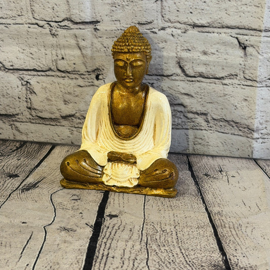 Cream & Bronze 15cm x 12cm Small Thai Buddha Sitting Statue Resin Hindu0