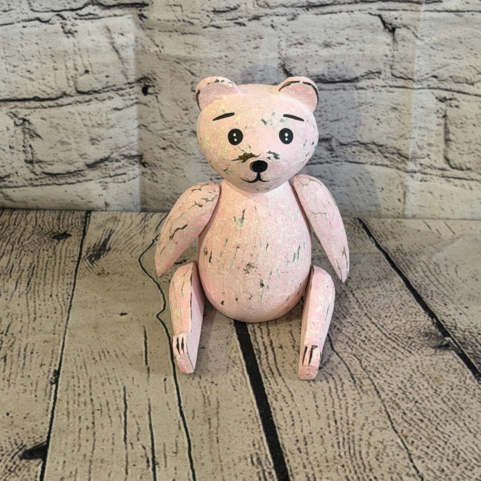 15cm Pink Teddy Bear Sitting Animal, Wooden Shelf Ornament Handmade & Fairtrade1