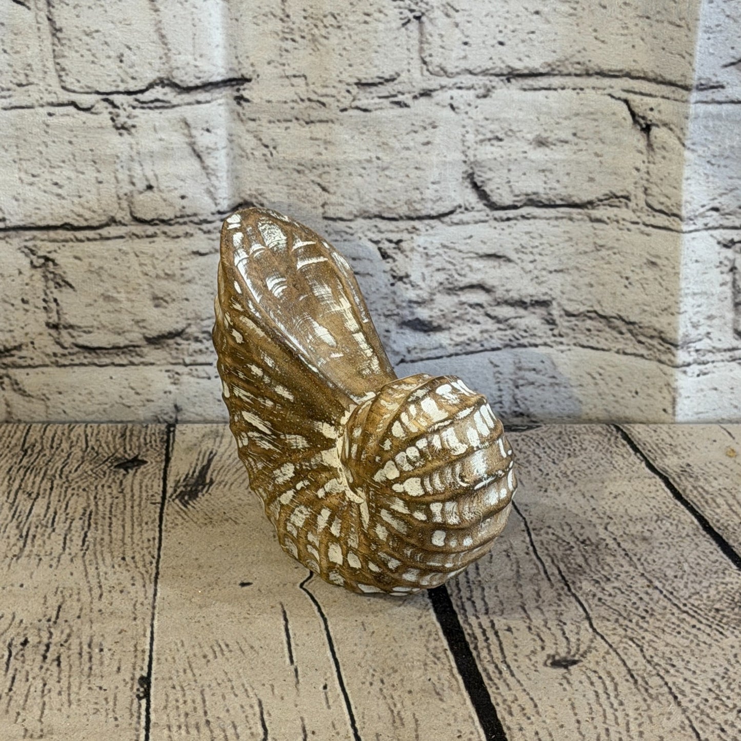 15cm Brown Shabby Pastel Nautilus Shell Ornament Decor Carved Light Wood Figure2