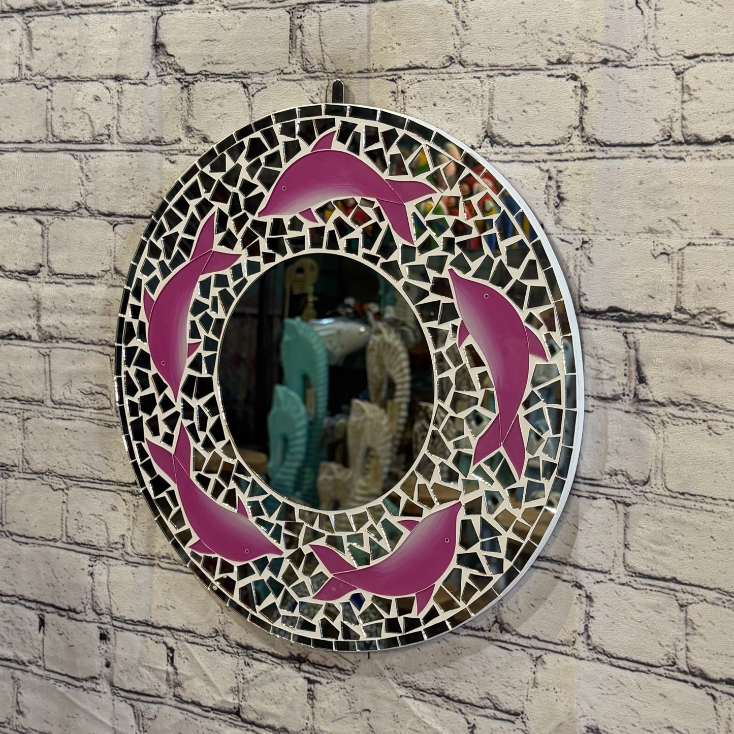 Pink Dolphin Mosaic Tile Wall Mirror 40cm x 40cm 16 Inches Handmade1