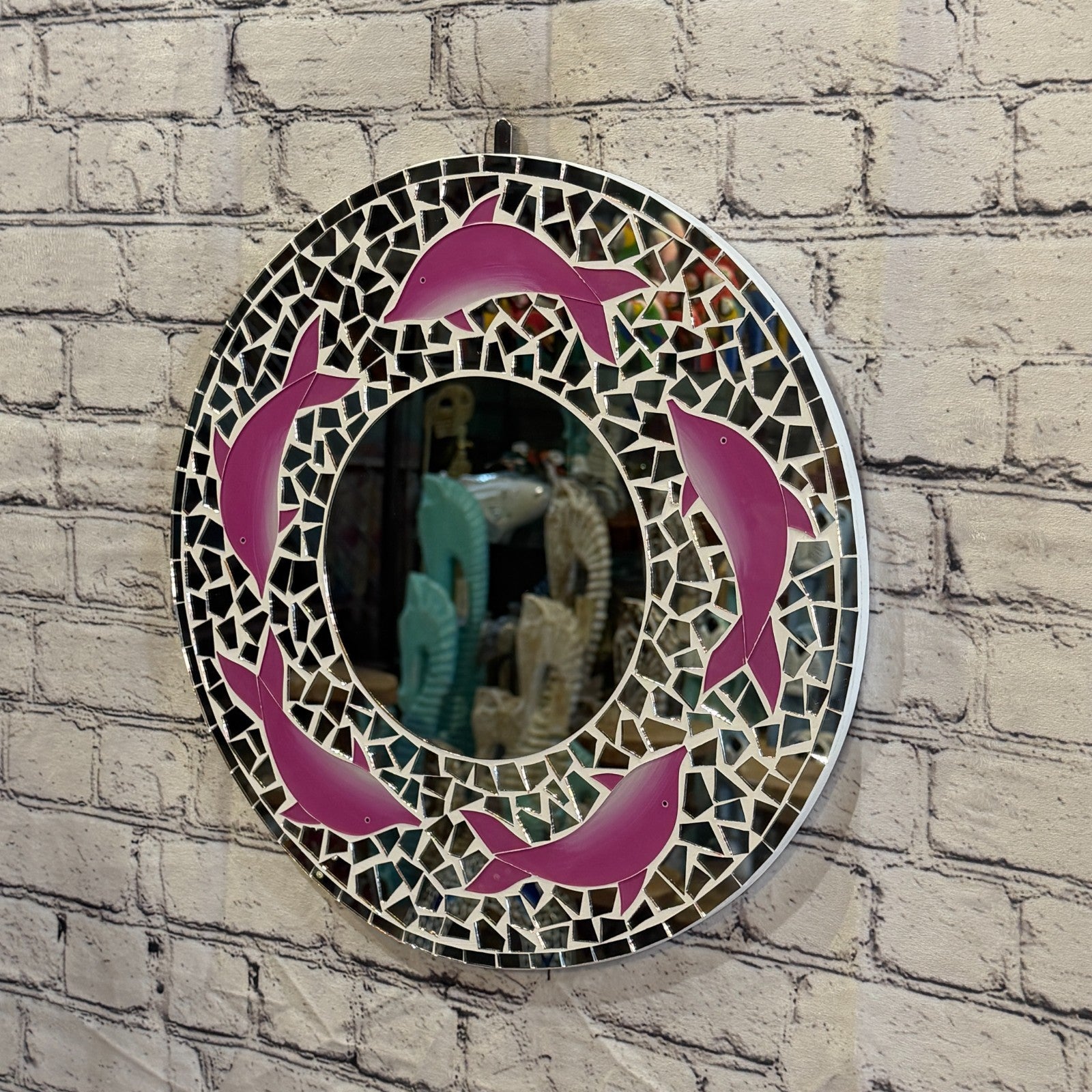Pink Dolphin Mosaic Tile Wall Mirror 40cm x 40cm 16 Inches Handmade1