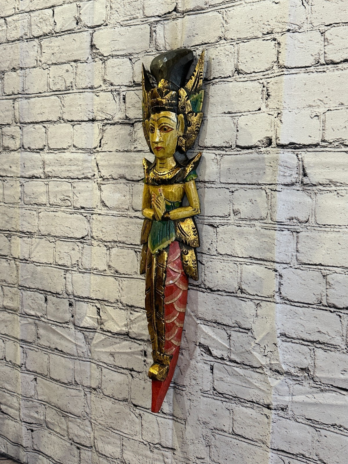 Old Antique Colour Sita Dewi Bali Rice Goddess Wings Mermaid Wood 60cm Pair2