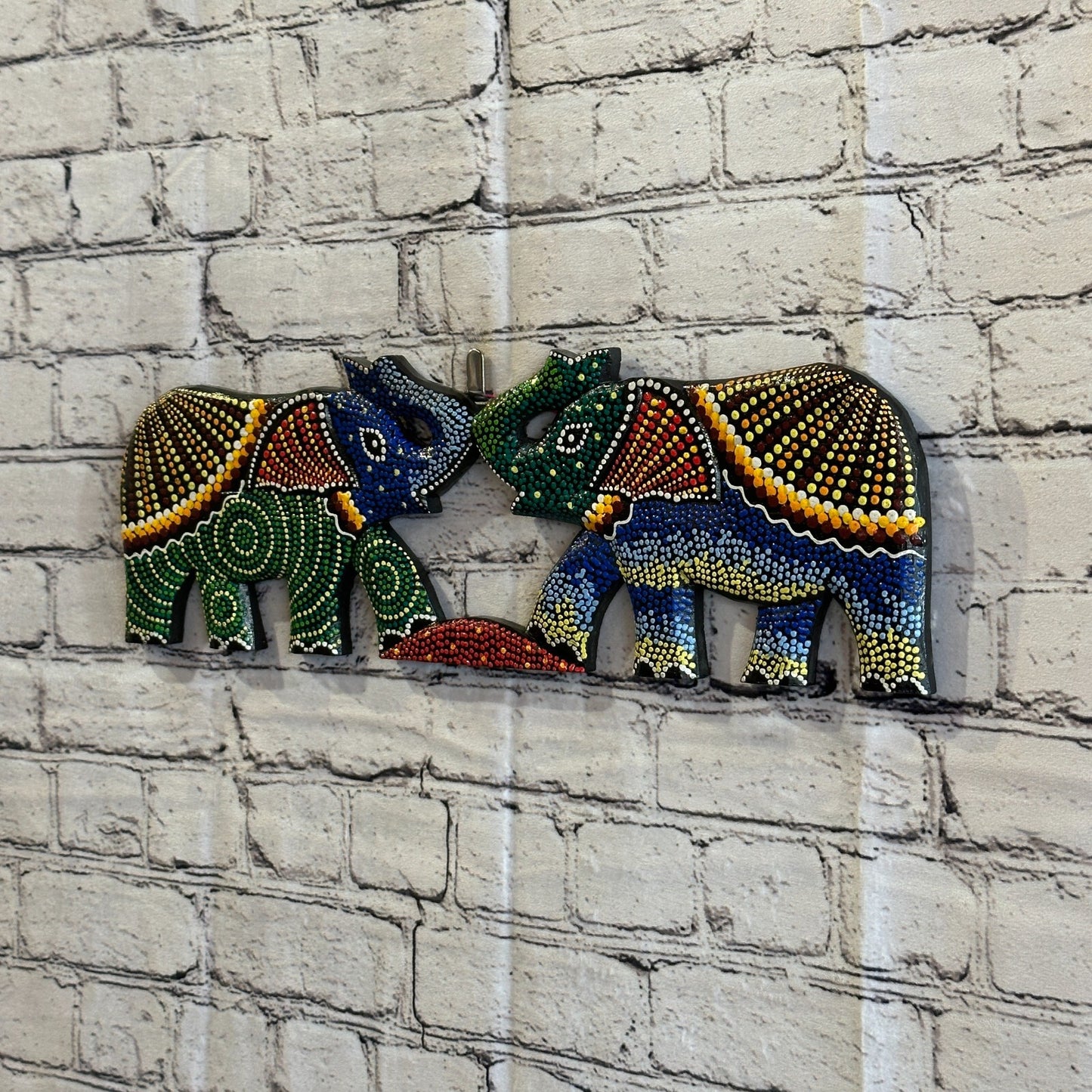 45cm 2 Elephants Carved Wooden Dot Painted Ethnic Tribal Tiki Wall Handmade No 32