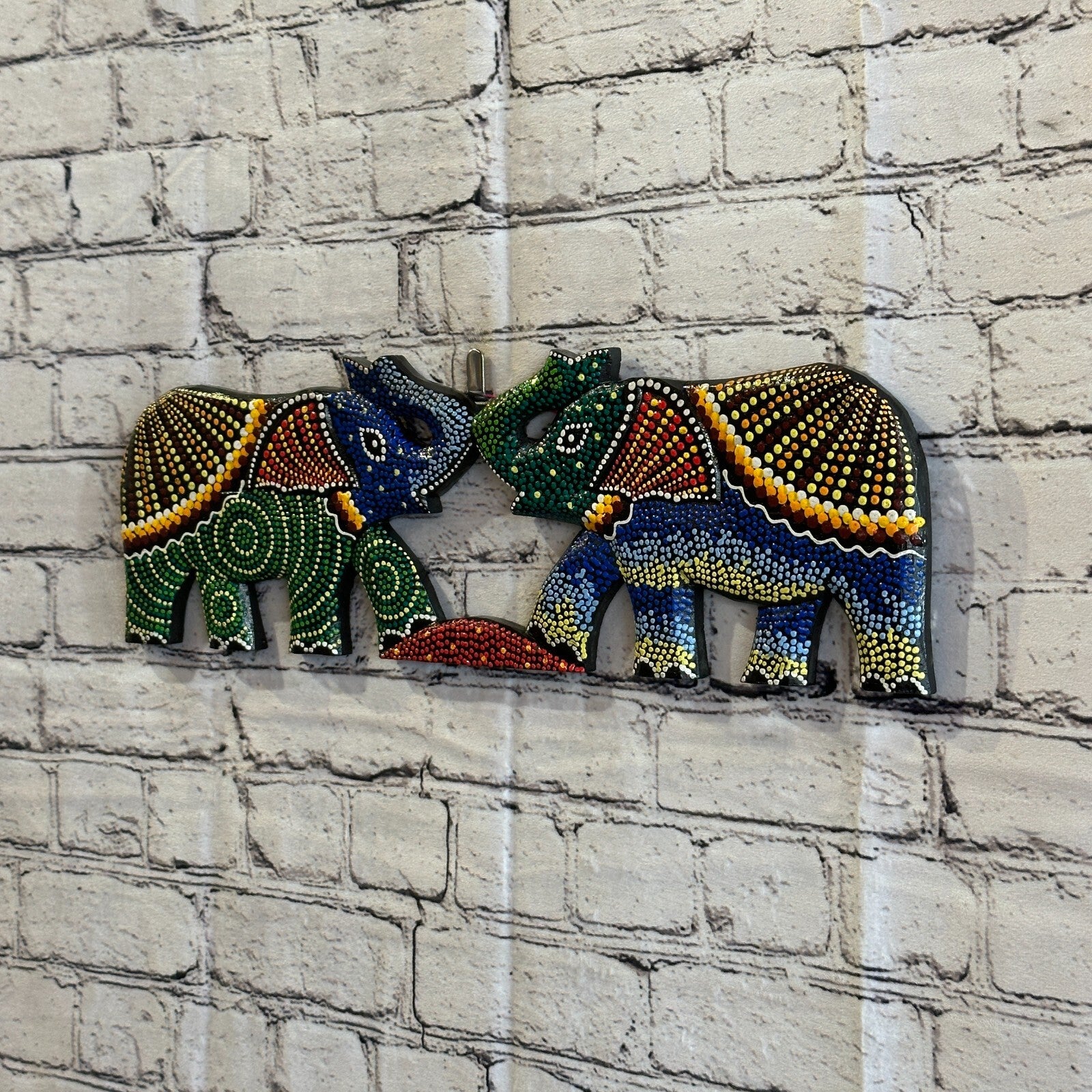 45cm 2 Elephants Carved Wooden Dot Painted Ethnic Tribal Tiki Wall Handmade No 32