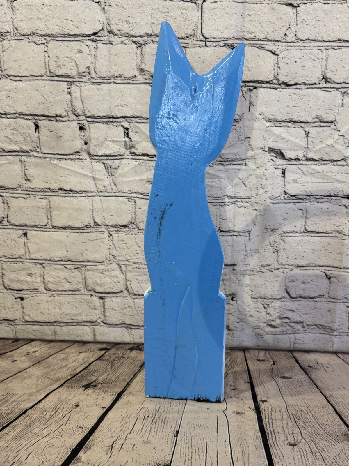 50cm Blue White Flower Wooden Shabby Cat Statue Ornament Fair Trade Handcarved4