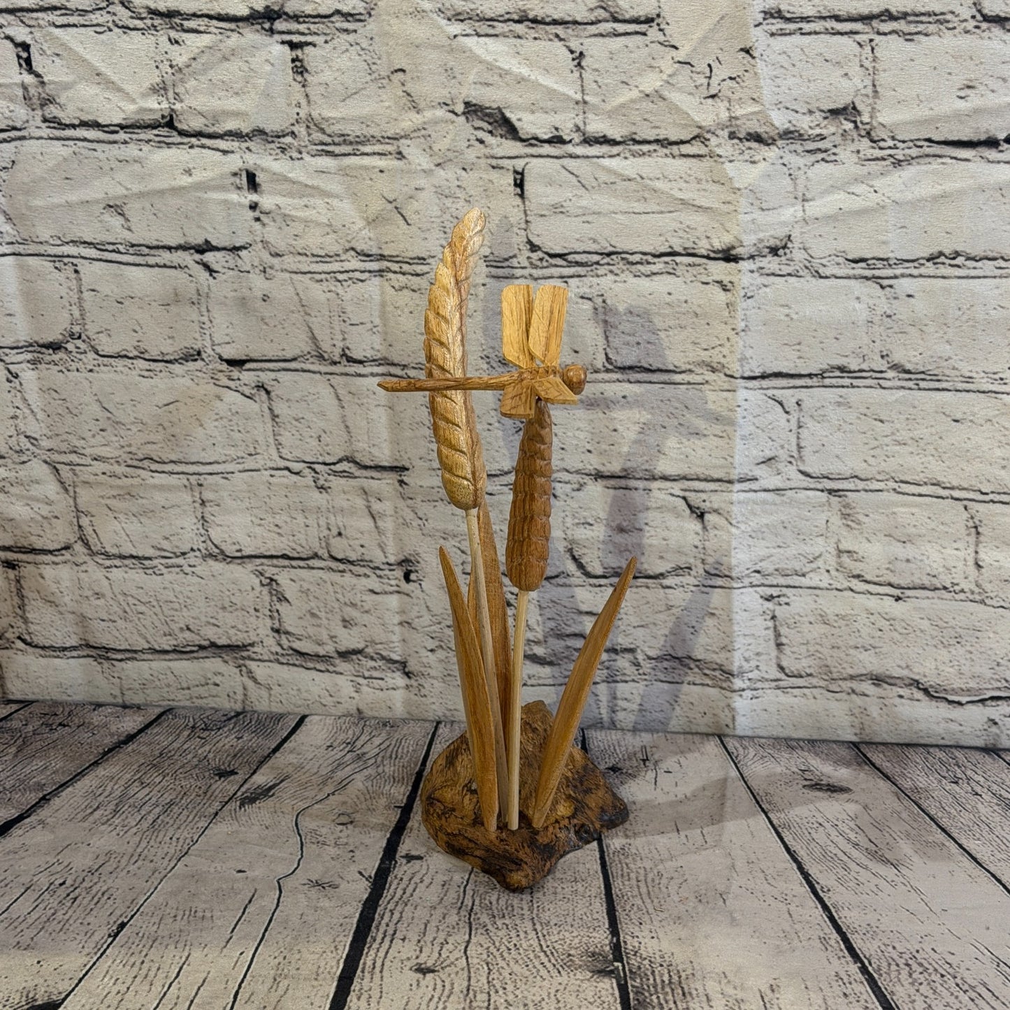 35cm Dragonfly Wheat Reeds Stand Parasite Wood Ornament Natural Carving Wooden1