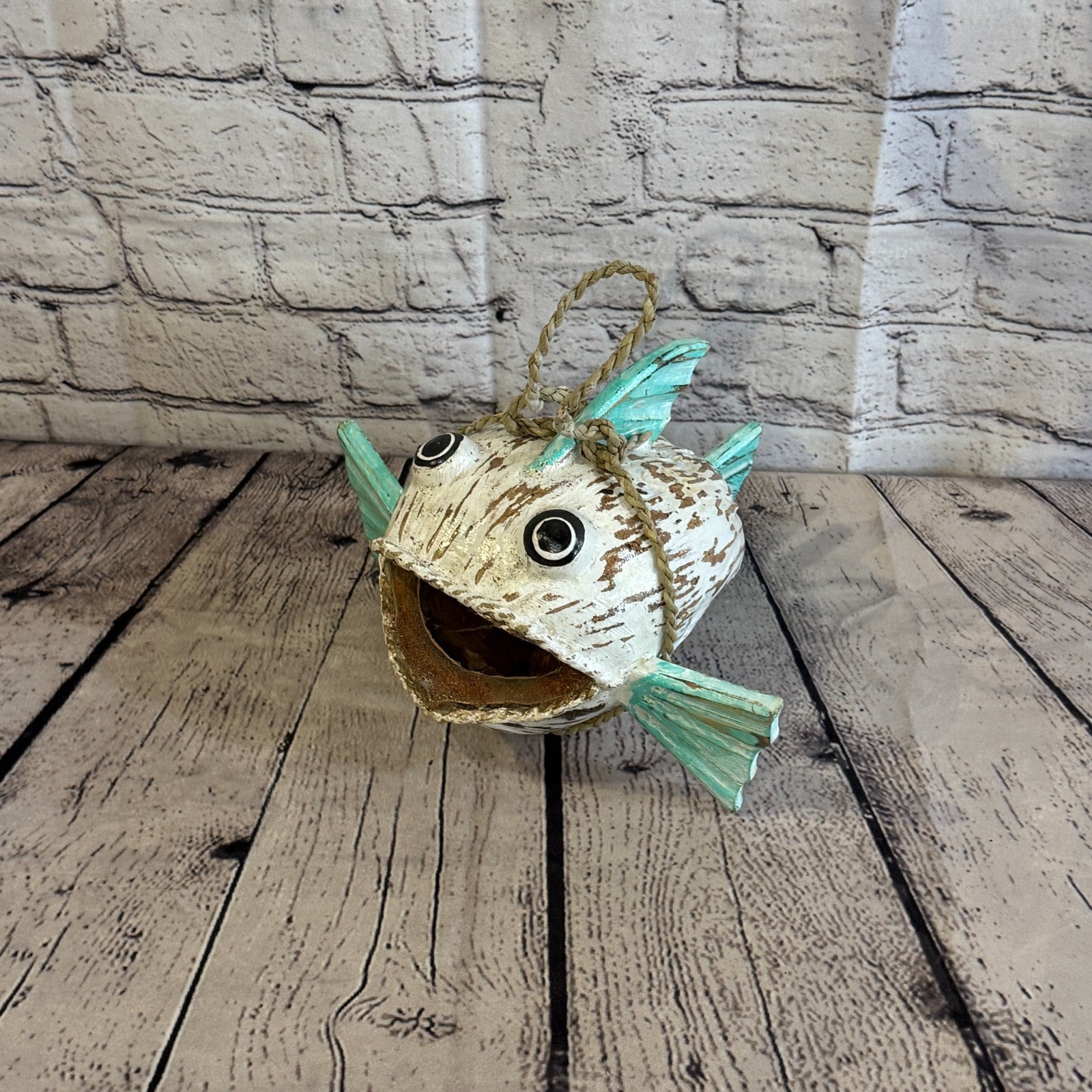 White Green Fins Folk Art Painted Shark Fish Coconut Shell Ornaments Hanging0