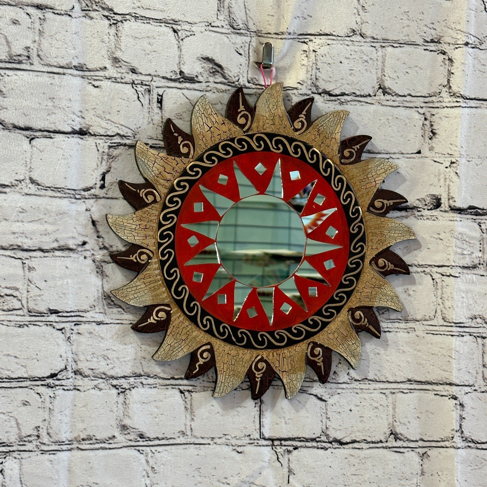Red Gold Sun Mosaic Tile Wall Mirror 30cm x 30cm 12 Inches Handmade Fairtrade0