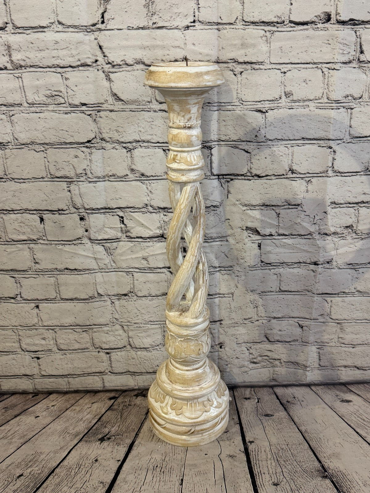 60cm x 15cm White Twist Wooden Vintage Style Candle Stand Shabby Pillar Holders0