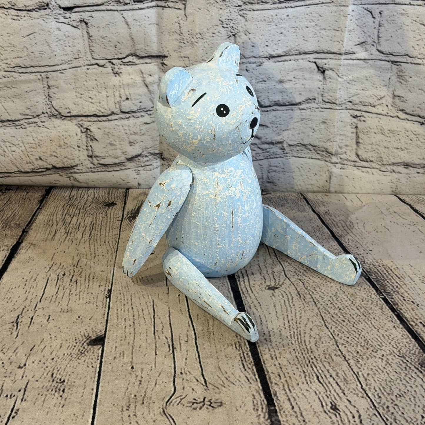 20cm Blue Teddy Bear Sitting Animal, Wooden Shelf Ornament Handmade & Fairtrade2