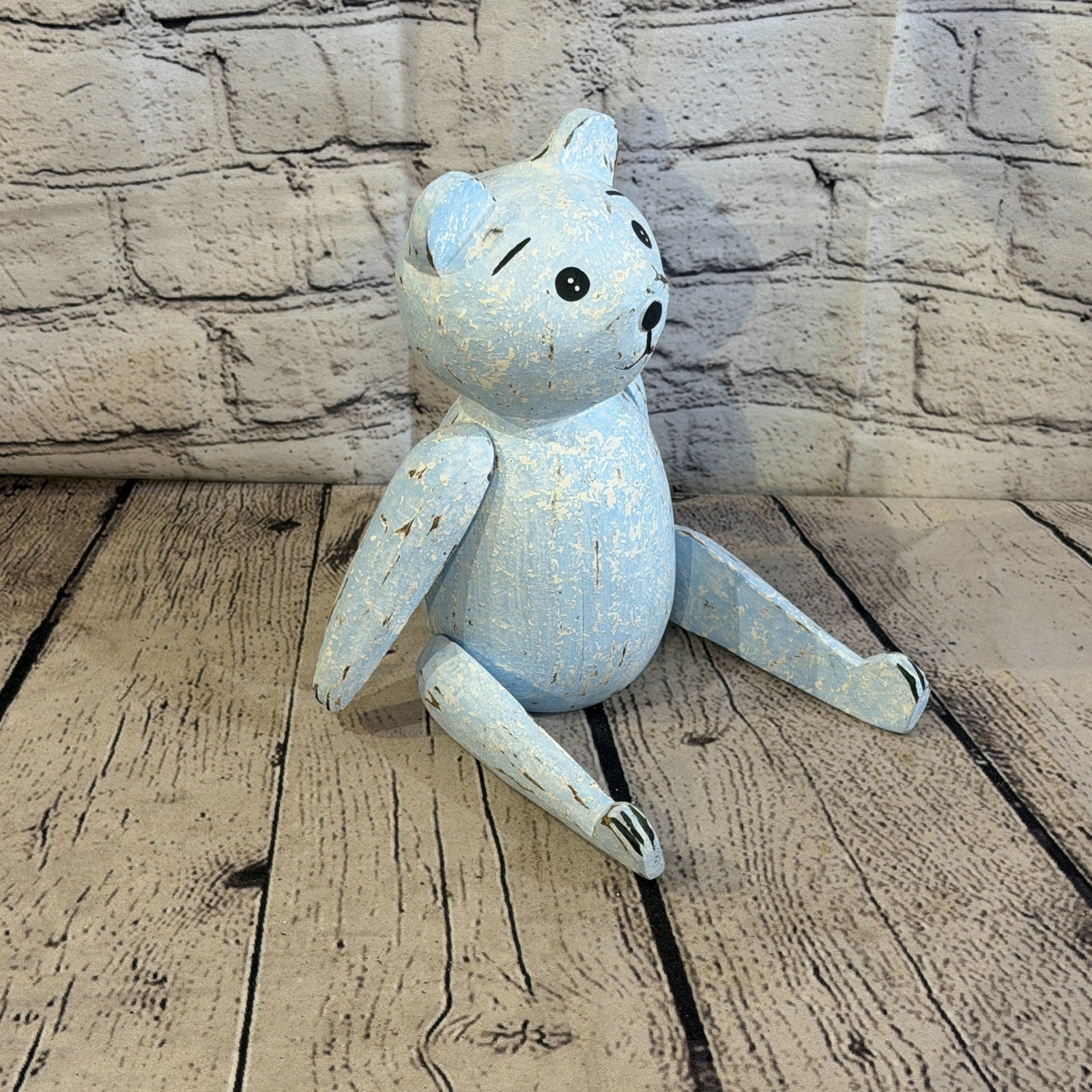 20cm Blue Teddy Bear Sitting Animal, Wooden Shelf Ornament Handmade & Fairtrade2