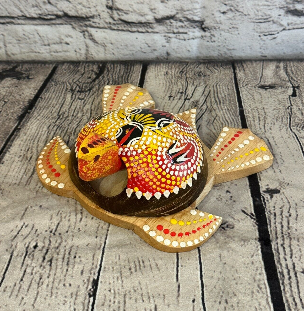 Red Painted Half Coconut Shell Wood Turtle Bobble Head Moving Tortoise Handmade0