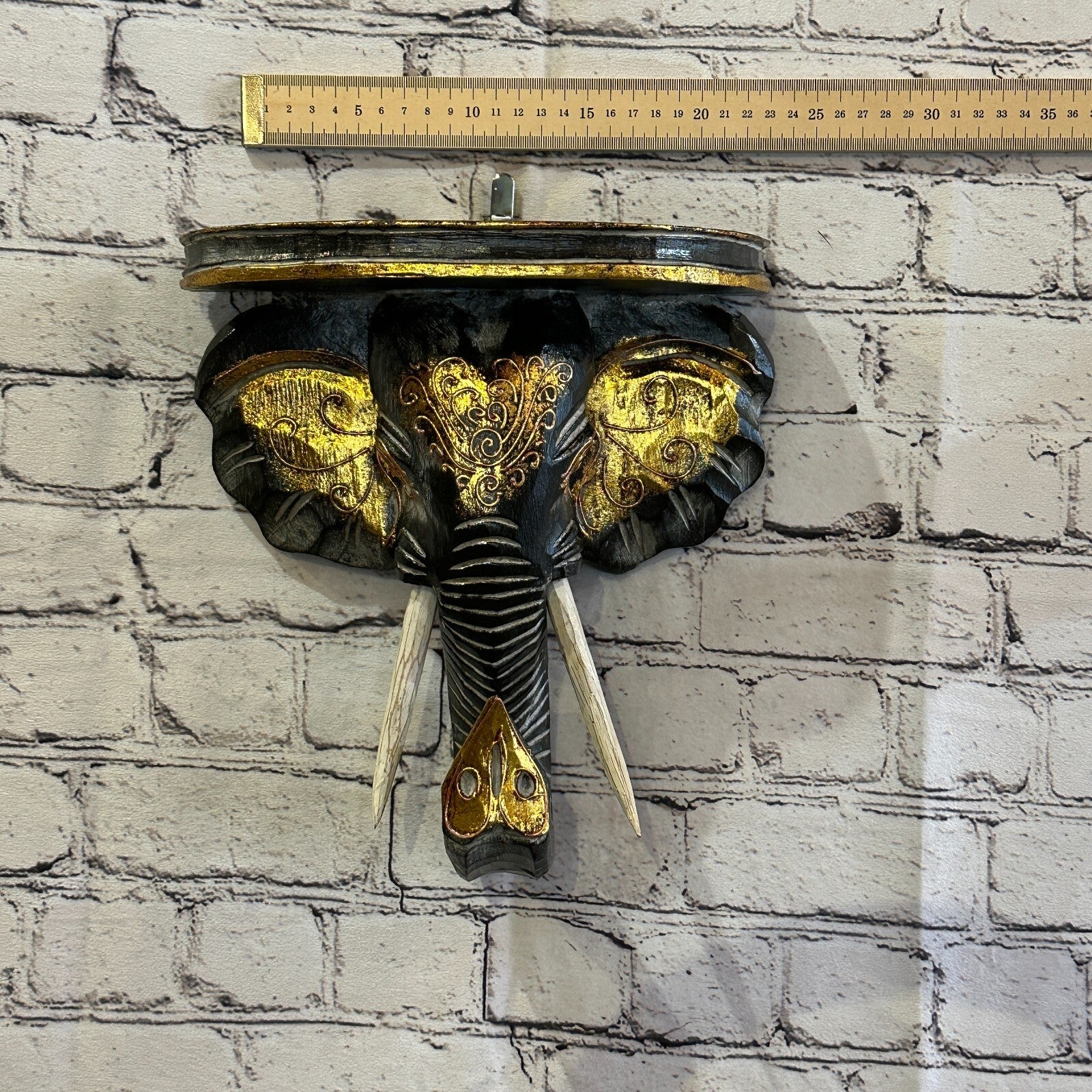 25cm x 25cm Black Gold Shelf Wood Elephant Head Wall Mounted Art Large Shabby4