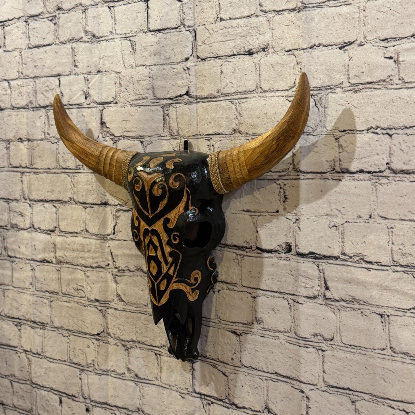 45cm x 45cm Brown Light Painted Wood Cow Skull Head Wall Mounted Art Shabby1