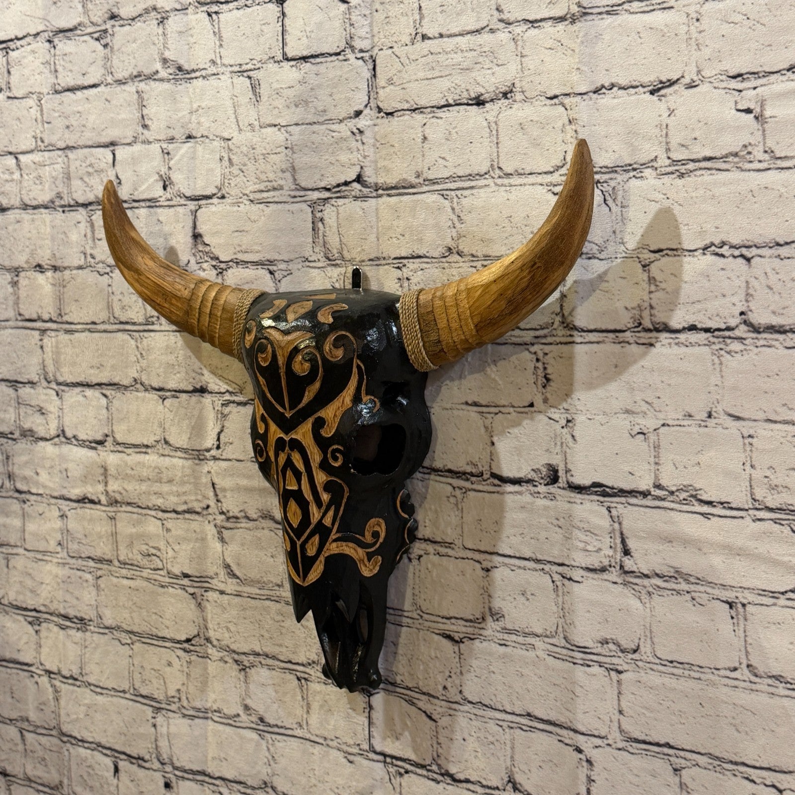 45cm x 45cm Brown Light Painted Wood Cow Skull Head Wall Mounted Art Shabby1