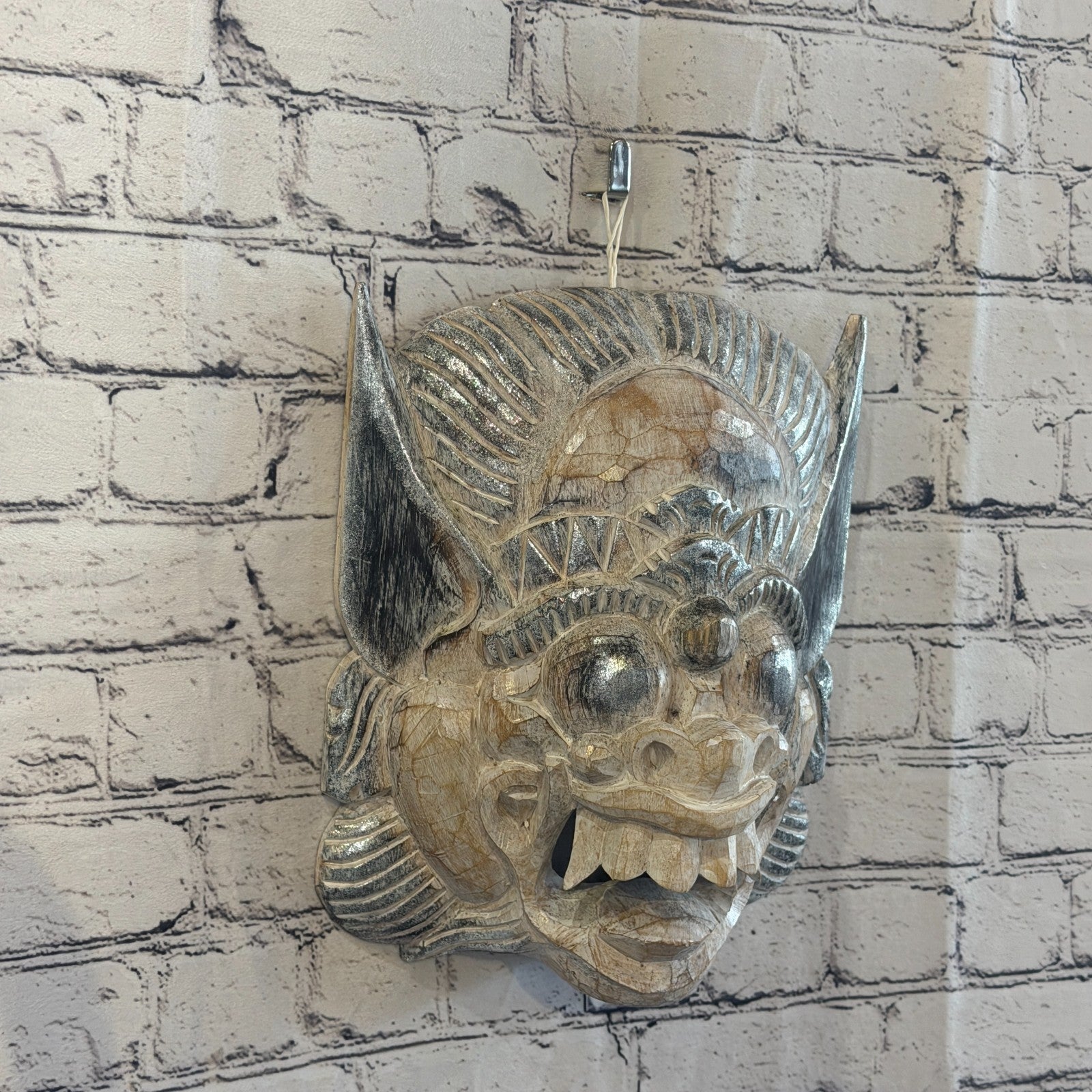 White With Silver Barong Wall Mask 30cm x 25cm Handmade And Fairtrade Hindu0