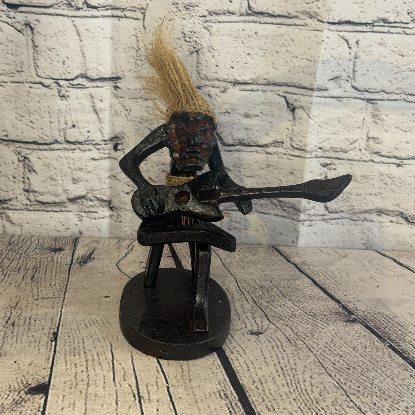 15cm Sitting Guitarist African Tribal Warrior Man Figure Statue Wood Hand Carved1