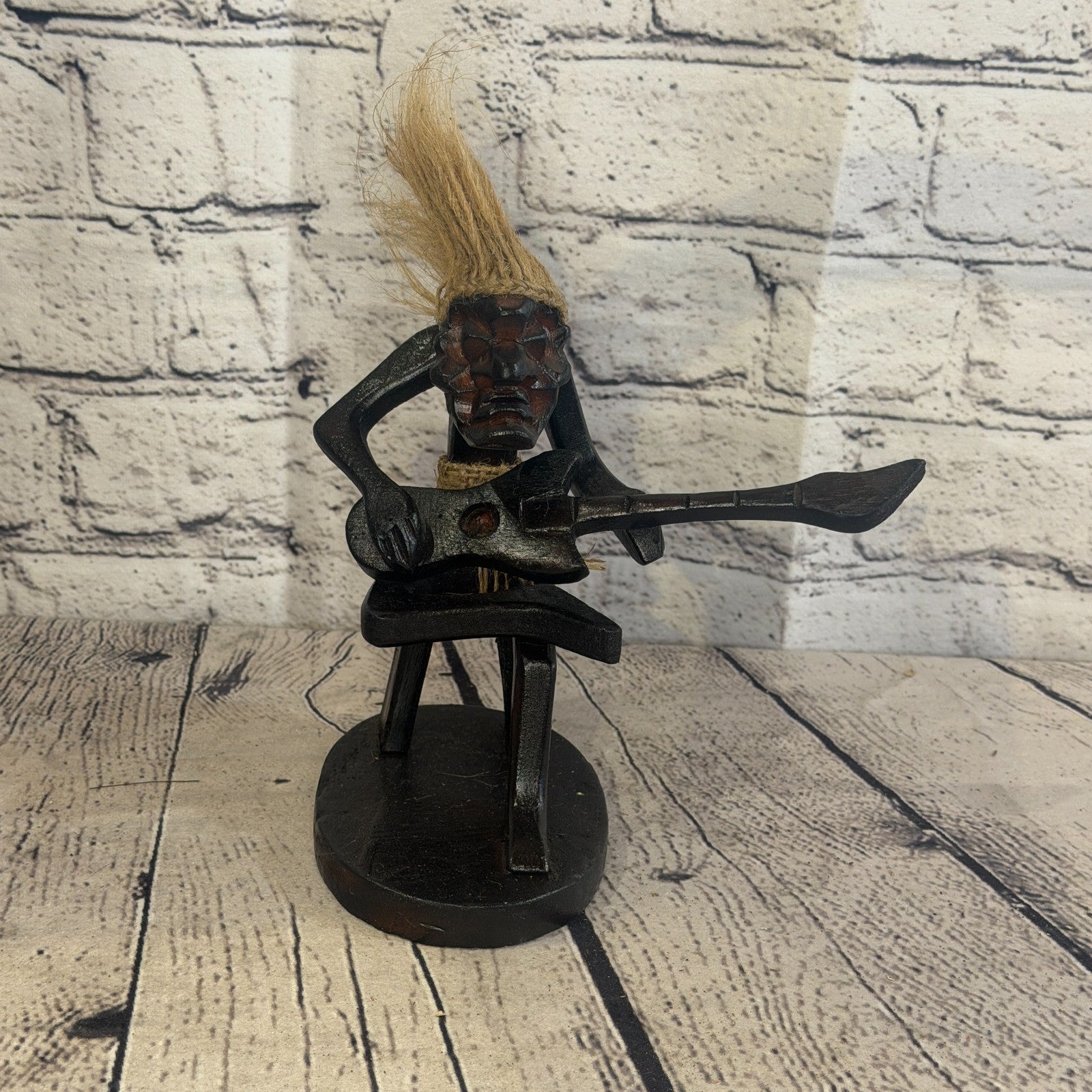 15cm Sitting Guitarist African Tribal Warrior Man Figure Statue Wood Hand Carved1
