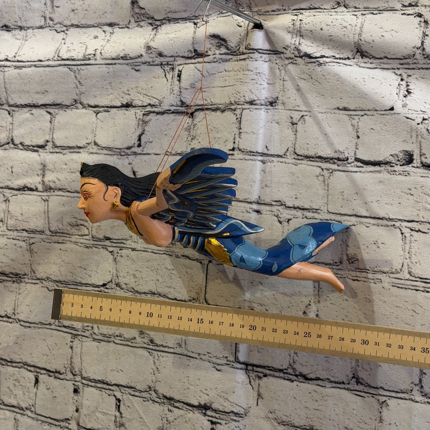 30cm Blue Sita Hindu Folk Art Carved Wood Flying Winged Mobile Spirit Guardian4