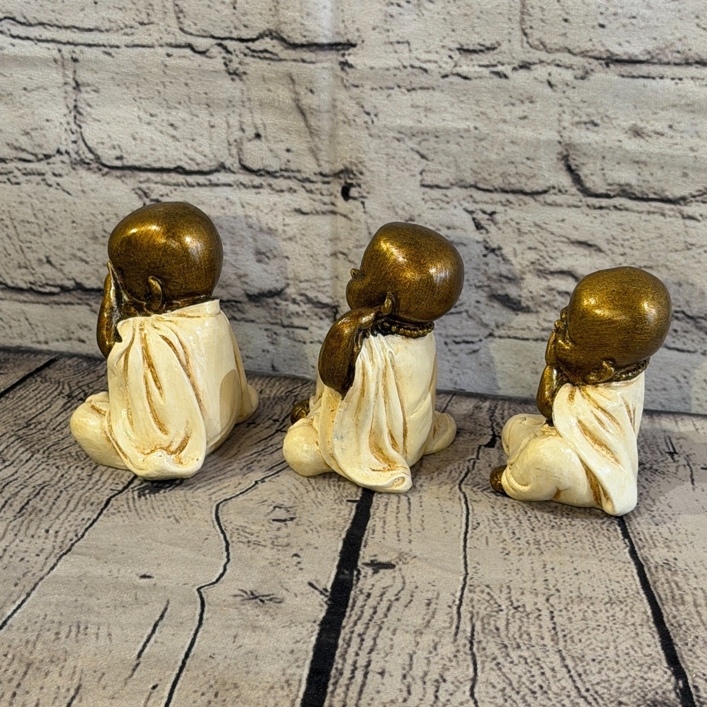 Cream 10cm Set Of 3 Wise Buddha Monks Sitting On Seat Statue Resin Hindu2