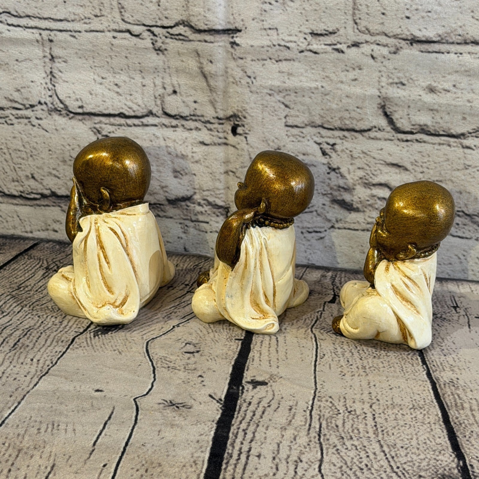 Cream 10cm Set Of 3 Wise Buddha Monks Sitting On Seat Statue Resin Hindu2
