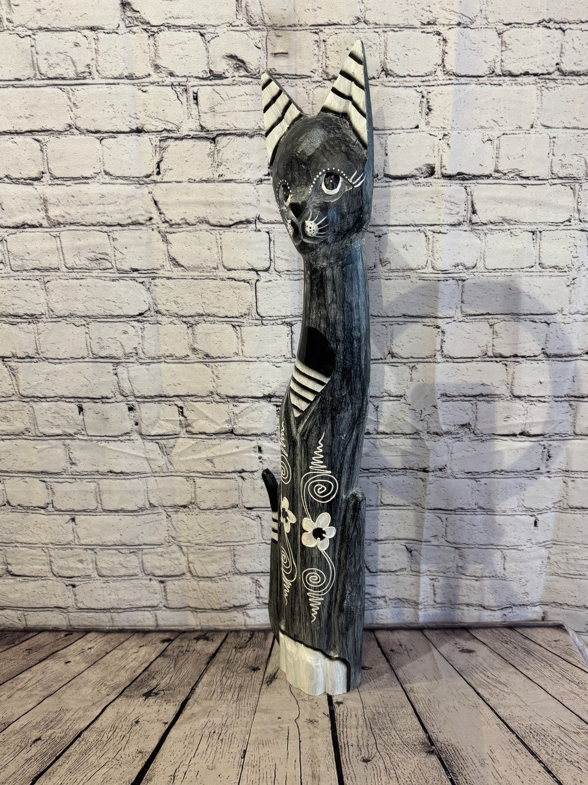 80cm Grey Flower Wooden Shabby Cat Statue Ornament Fair Trade Handcarved1