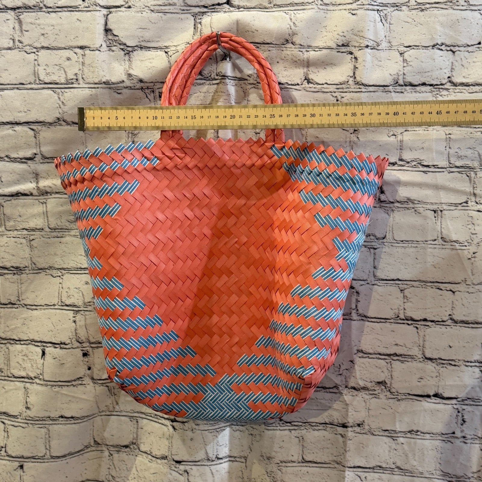 Blue Red 40cm Handwoven Tote Bag Recycled Plastic Eco-Friendly Market Beach3