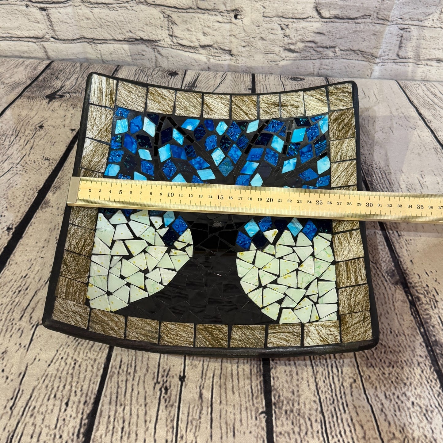 30cm Tree Of Life Blue Grey Square Mosaic Handmade Ceramic Glass Tile Bowl Fruit1