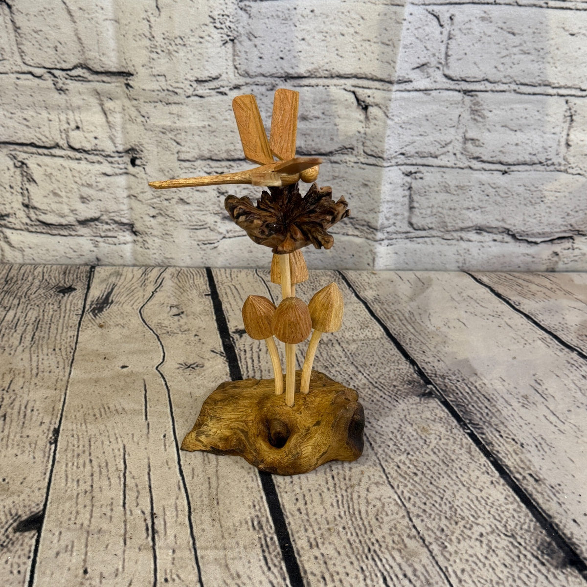 Dragonfly Mushroom Stand Parasite Wood Ornament Natural Carving Wooden Standing3