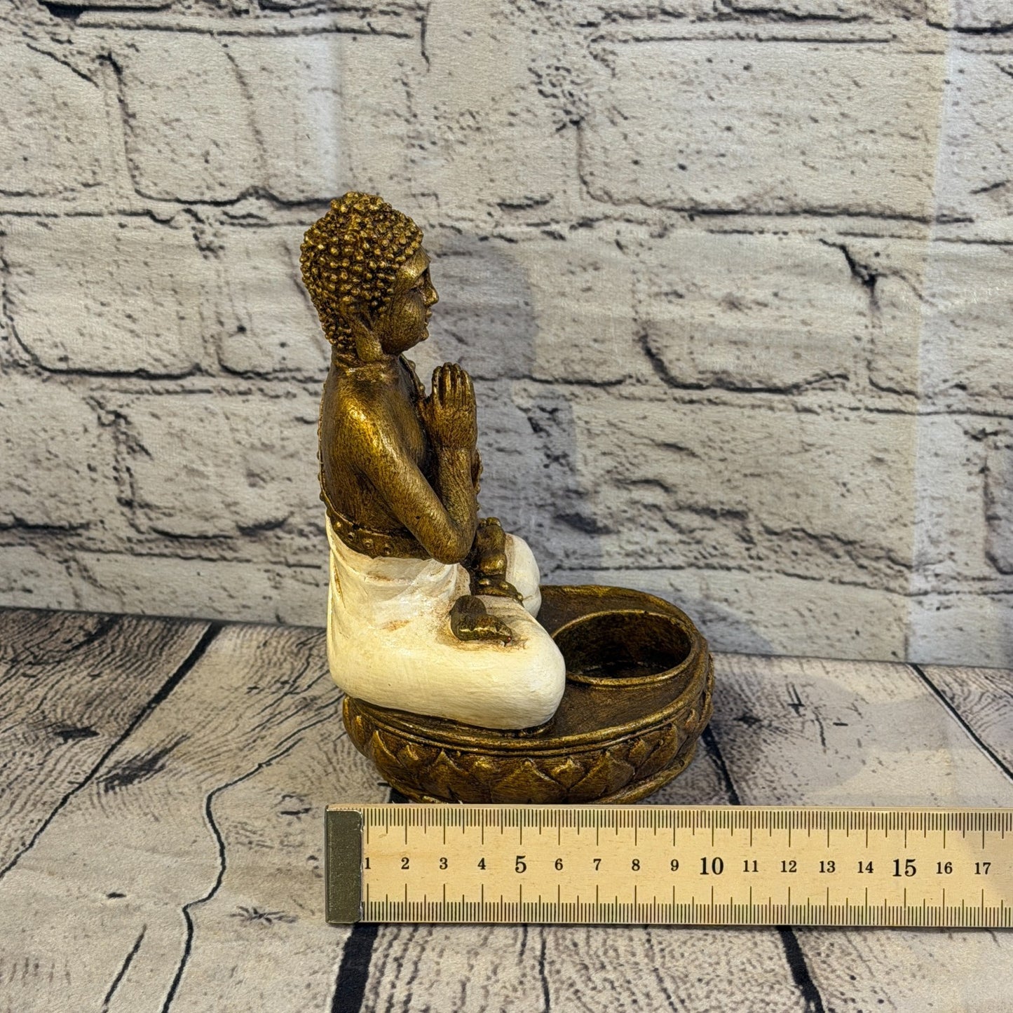 White & Bronze 20cm x 10cm Thai Buddha Tea Light Holder Statue Resin Hindu7
