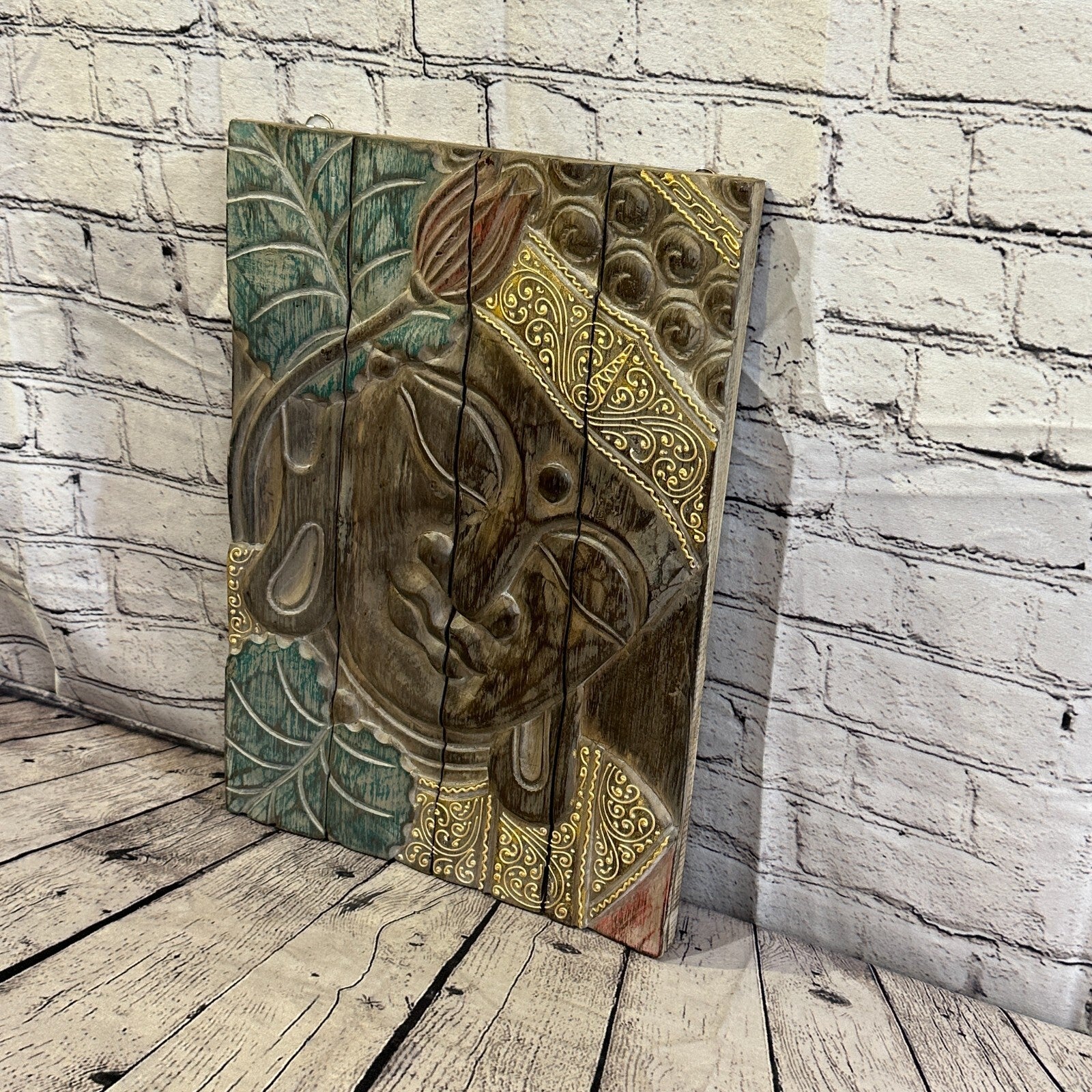 Wooden Wood Panel 45cm Pastel Colour Buddha Lotus Wall Art Plaque Handcarved2