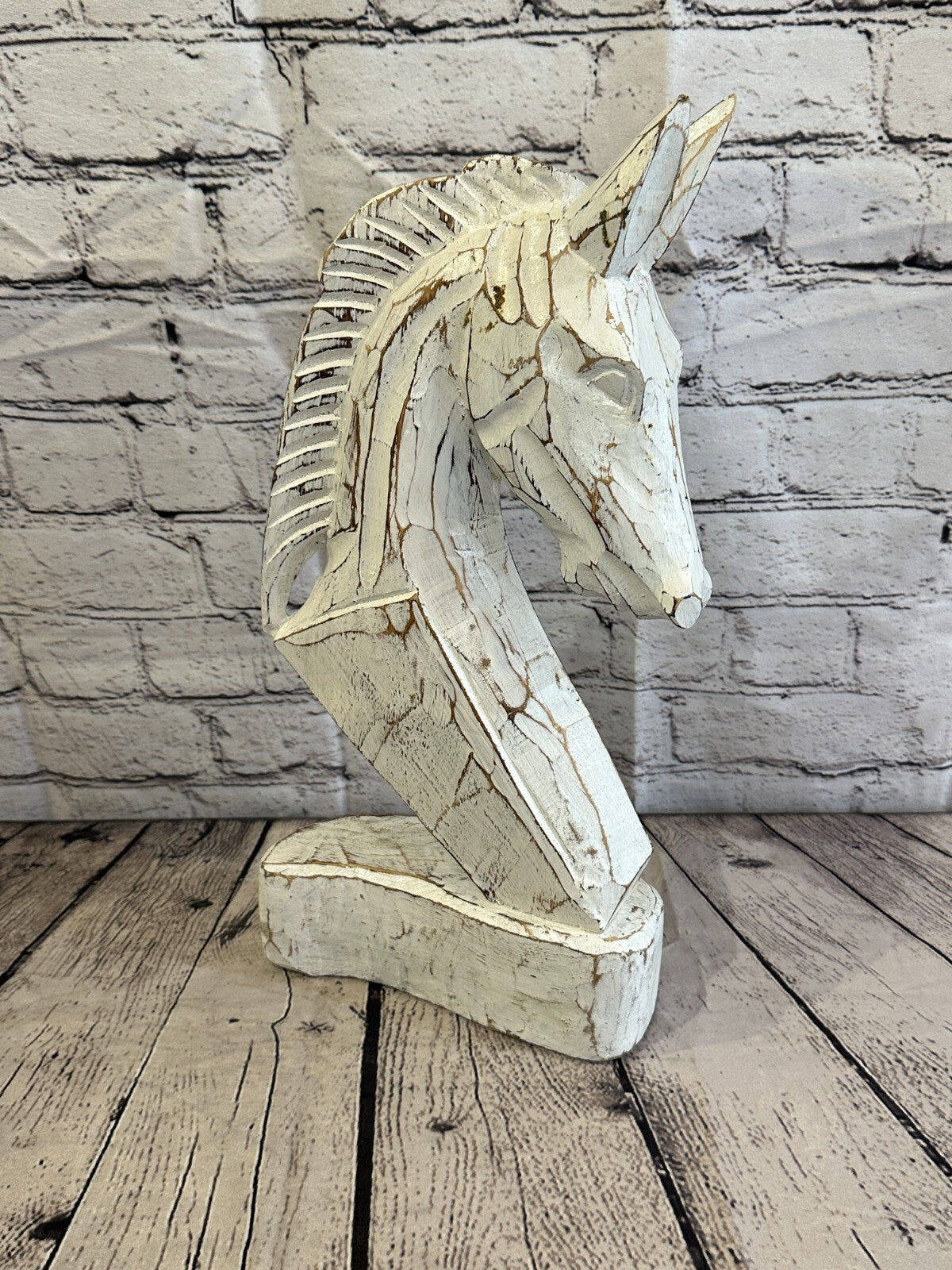 White Wooden 40cm x 20cm Horse Head Bust Hand Carved Wood Sculpture0