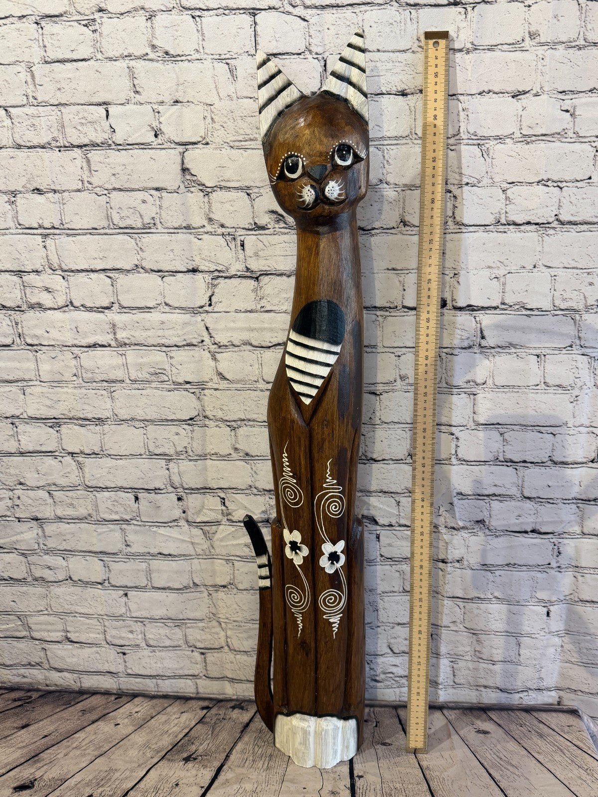 100cm Brown Flower Wooden Shabby Cat Statue Ornament Fair Trade Handcarved5
