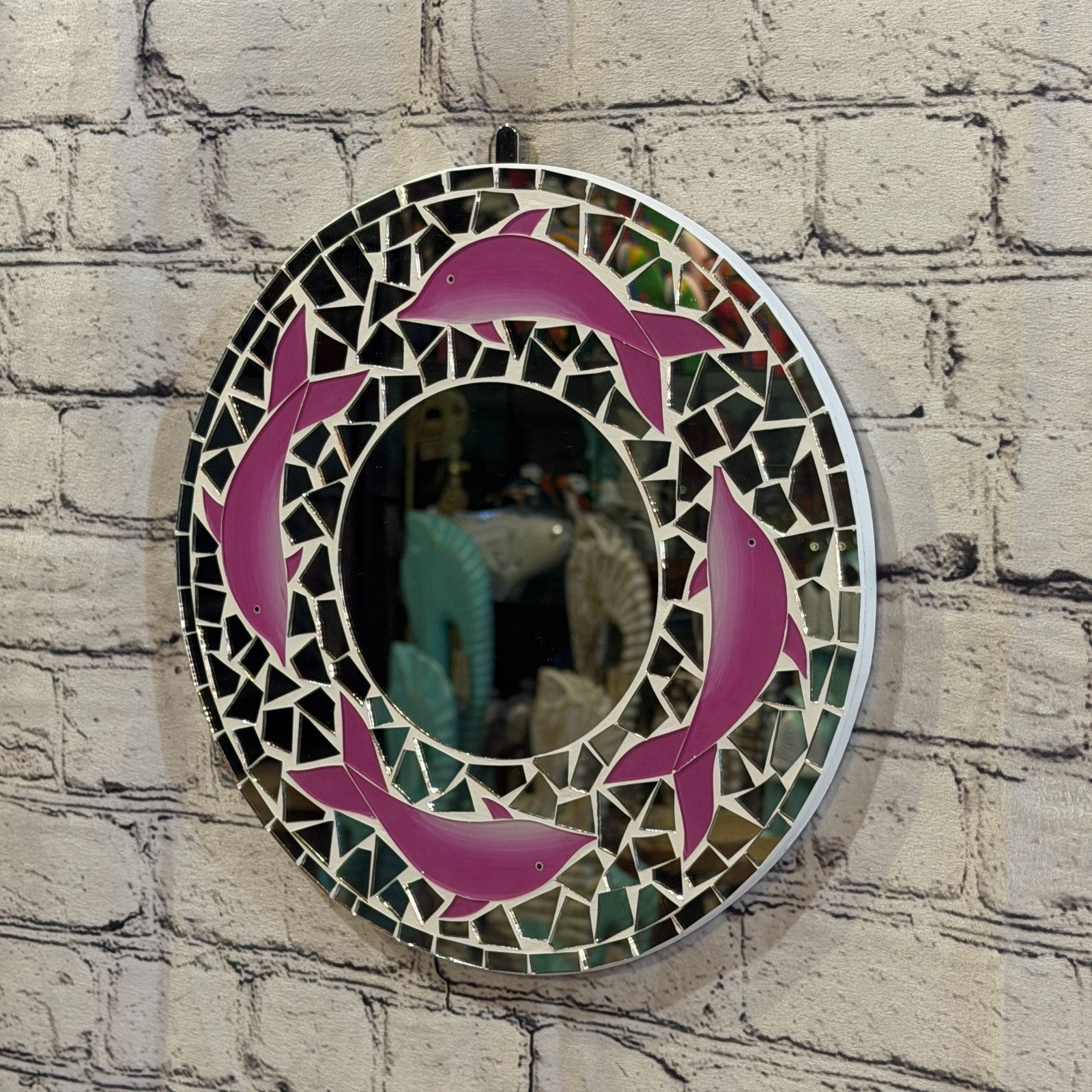 Pink Dolphin Mosaic Tile Wall Mirror 30cm x 30cm 12 Inches Handmade1