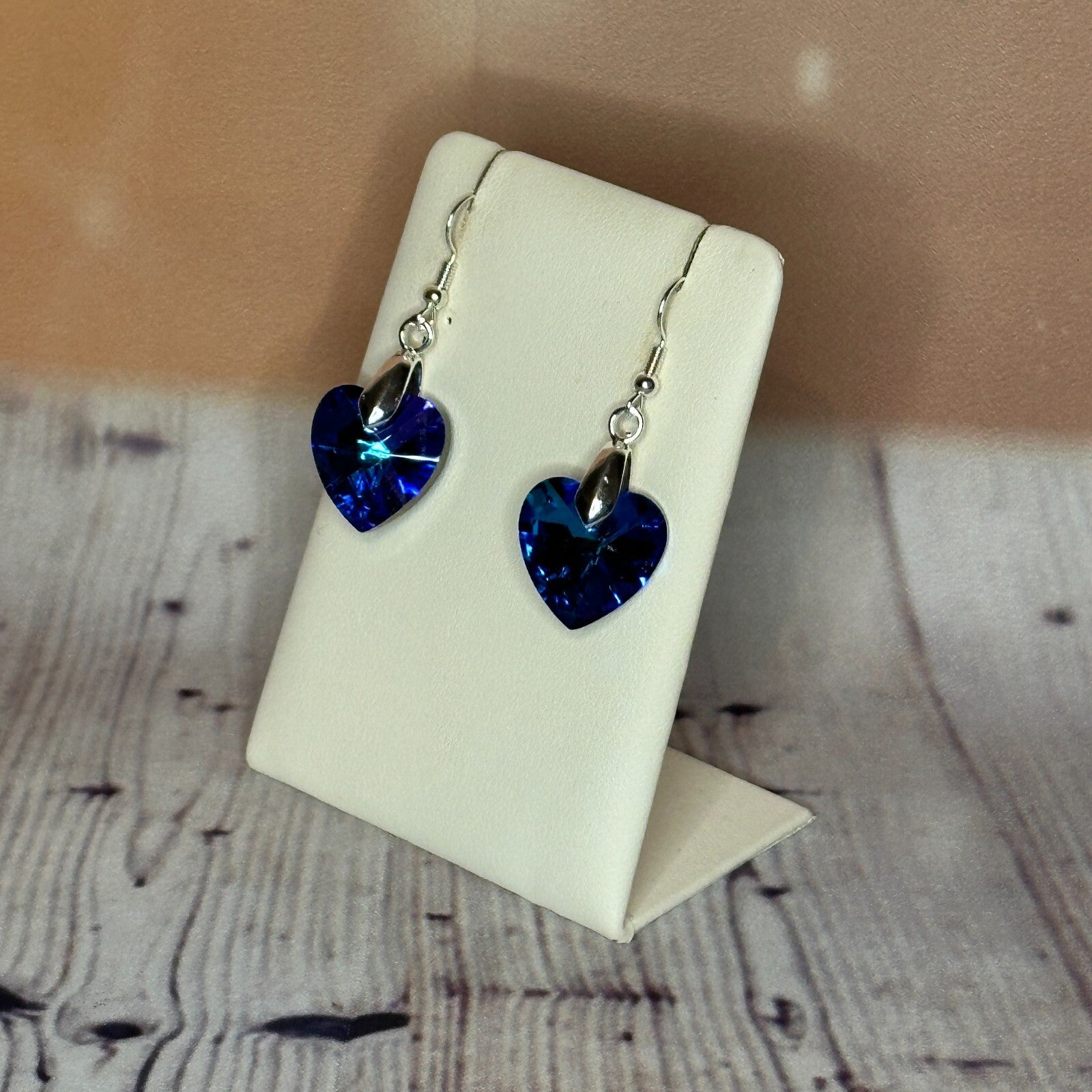 Dark Blue Crystal Heart Shaped Dangle Drop Earrings Handmade UK Jewellery1