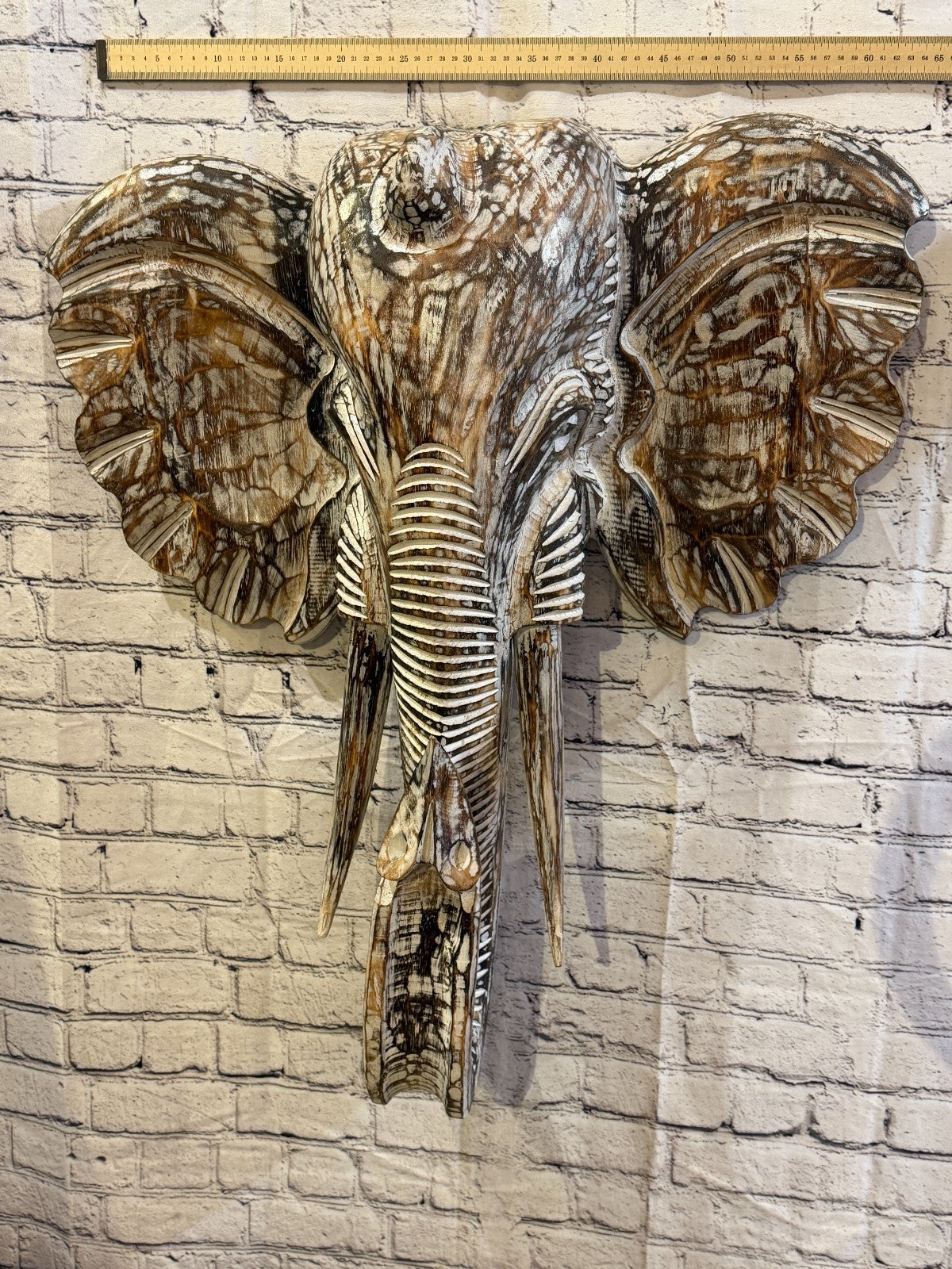 80cm x 65cm Brown Carved Wood Elephant Head Wall Mounted Art Large Shabby3