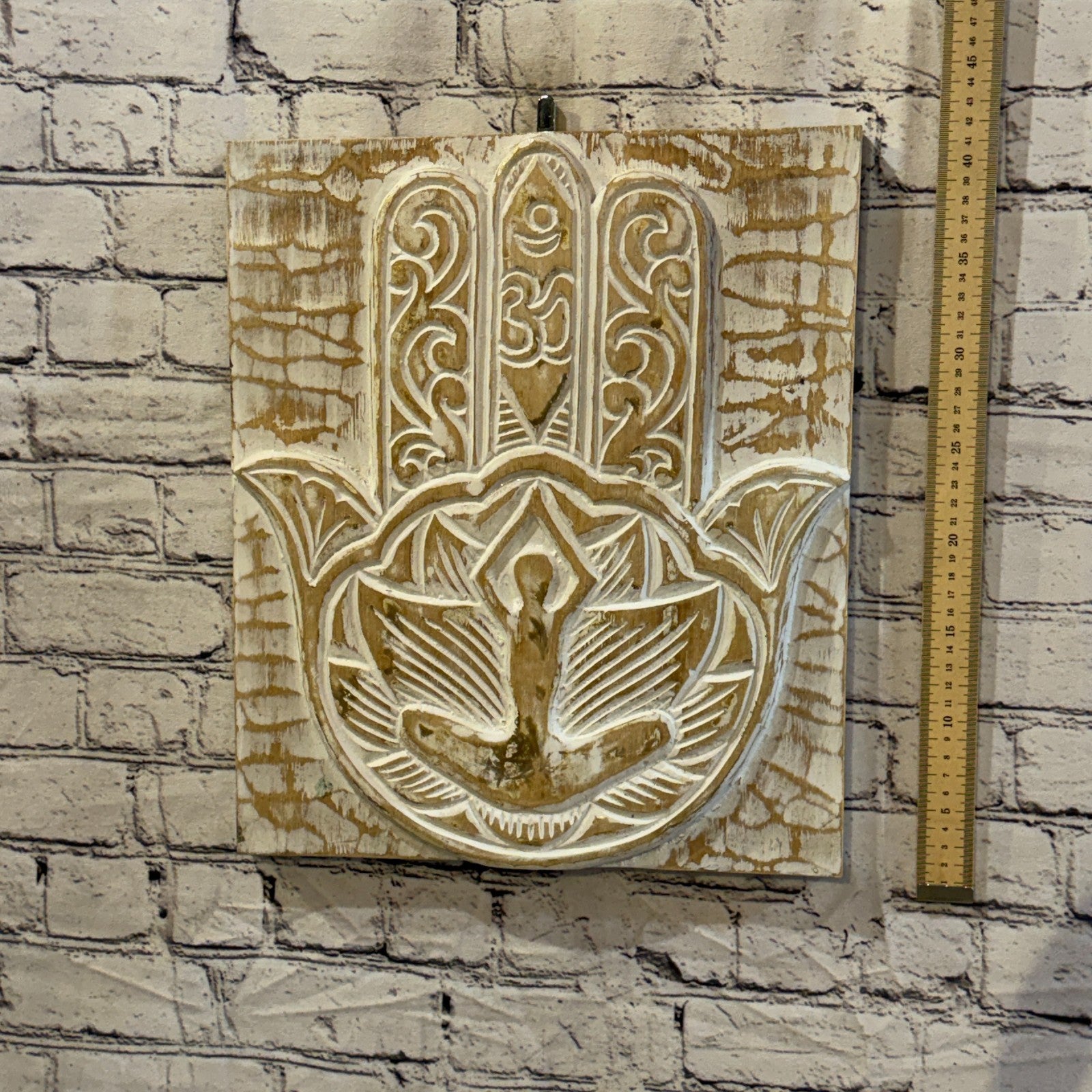 40cm x 35cm Hand Of Fatima White Wooden Wood Panel Wall Art Plaque Handcarved4