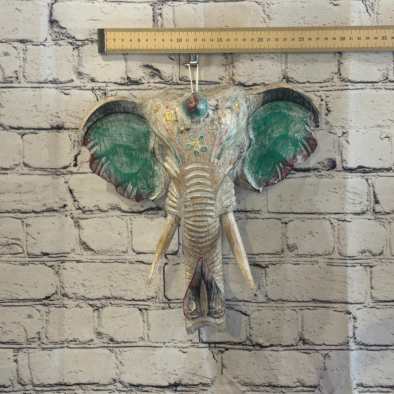 30cm x 30cm Silver Green Painted Wood Elephant Head Wall Mounted Art Shabby3