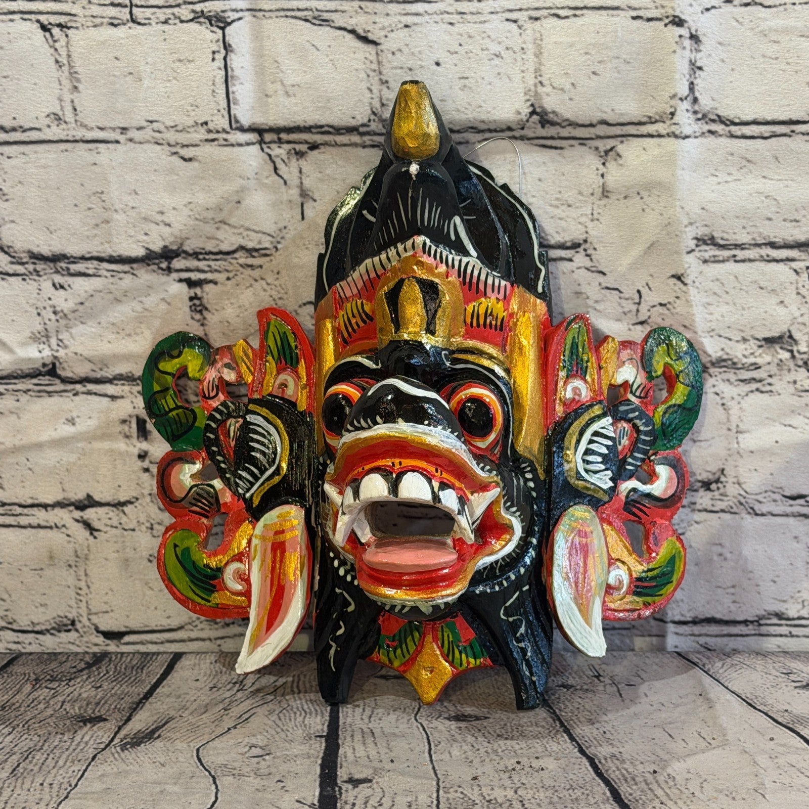 25cm Barong Crown Black Demon Dragon Hindu Deity Wooden Hand Carved Mask Painted2
