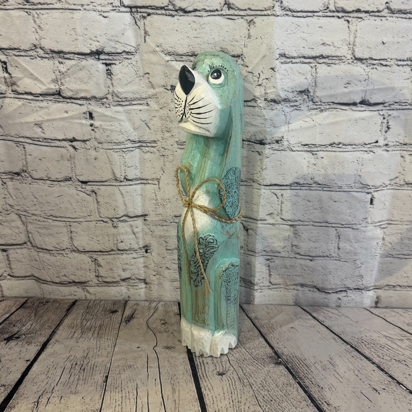 40cm Green Teal Wooden Shabby Dog Statue Ornament Fair Trade Handcarved0