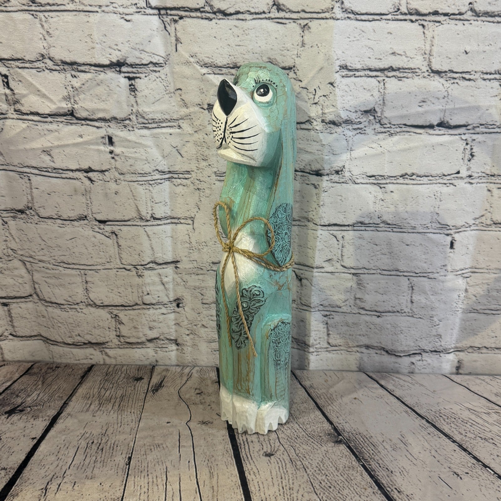 40cm Green Teal Wooden Shabby Dog Statue Ornament Fair Trade Handcarved0
