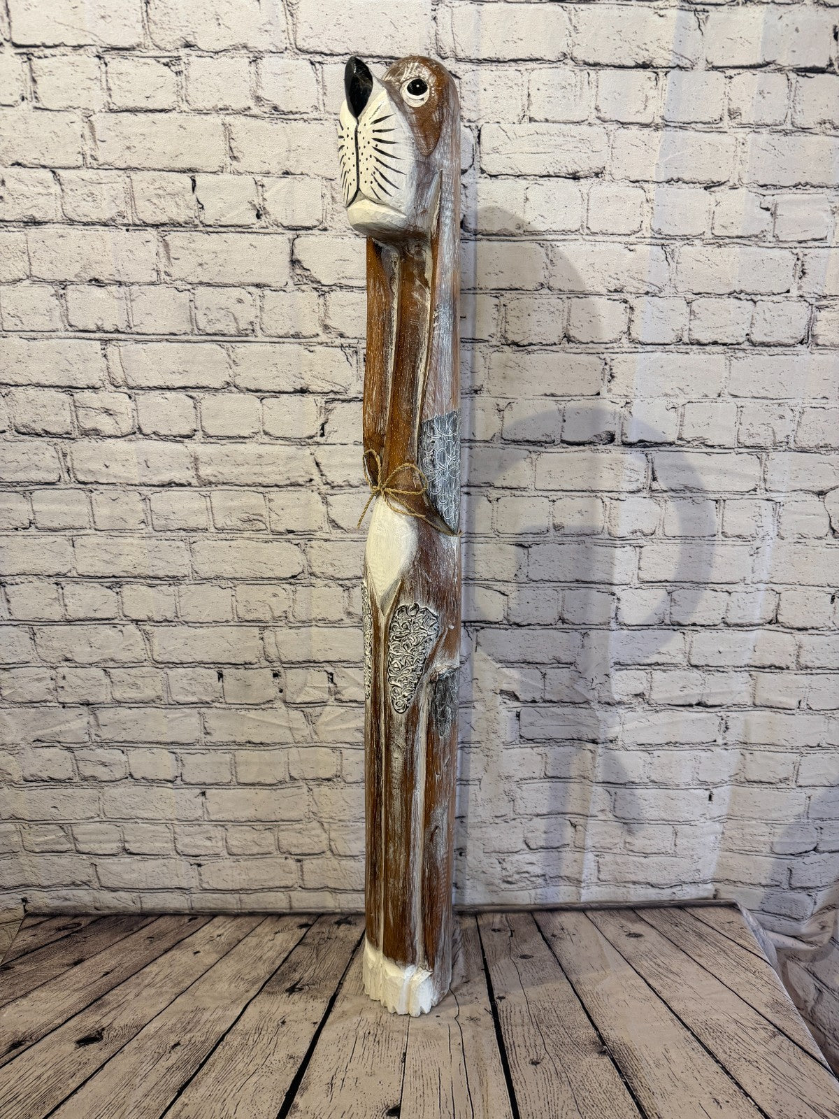 100cm Light Brown Wooden Shabby Dog Statue Ornament Fair Trade Handcarved0